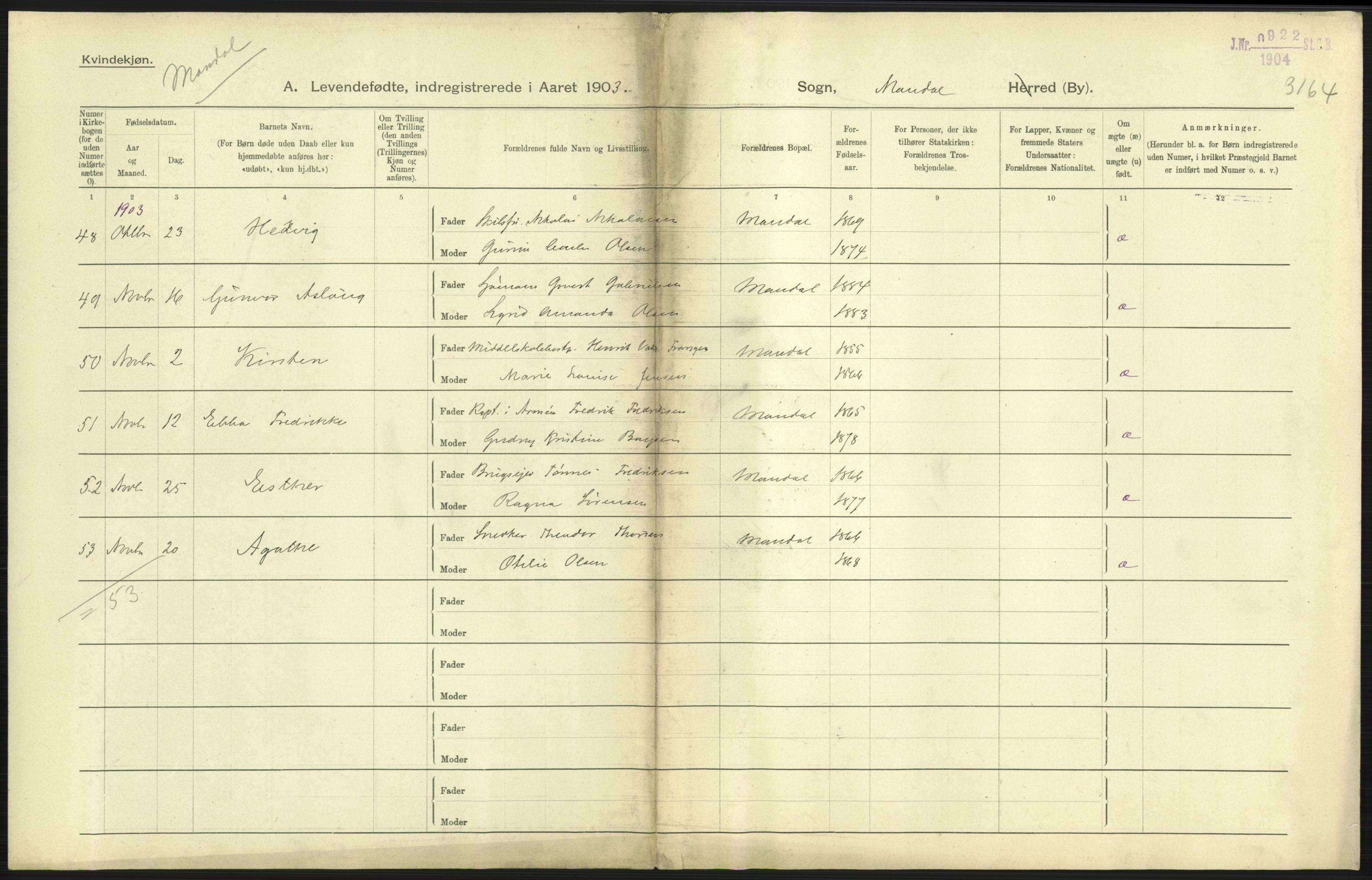 Statistisk sentralbyrå, Sosiodemografiske emner, Befolkning, AV/RA-S-2228/D/Df/Dfa/Dfaa/L0011: Lister og Mandal amt: Fødte, gifte, døde, 1903, s. 201