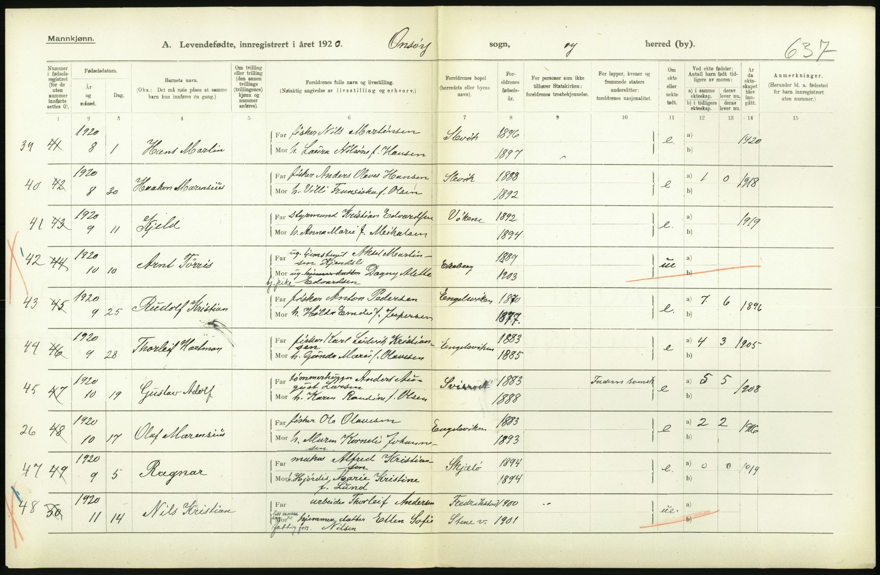 Statistisk sentralbyrå, Sosiodemografiske emner, Befolkning, AV/RA-S-2228/D/Df/Dfb/Dfbj/L0001: Østfold fylke: Levendefødte menn og kvinner. Bygder., 1920, s. 58