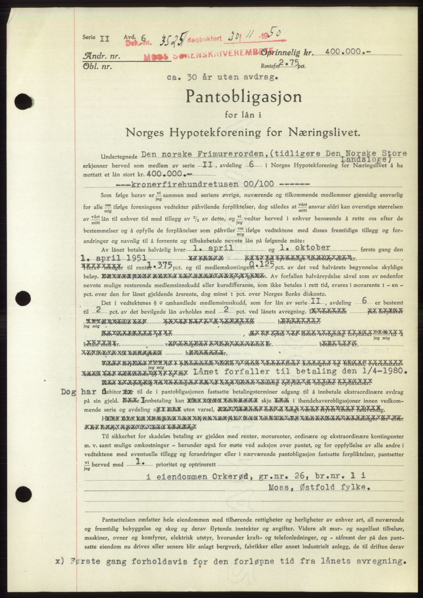 Moss sorenskriveri, SAO/A-10168: Pantebok nr. B25, 1950-1950, Dagboknr: 3525/1950