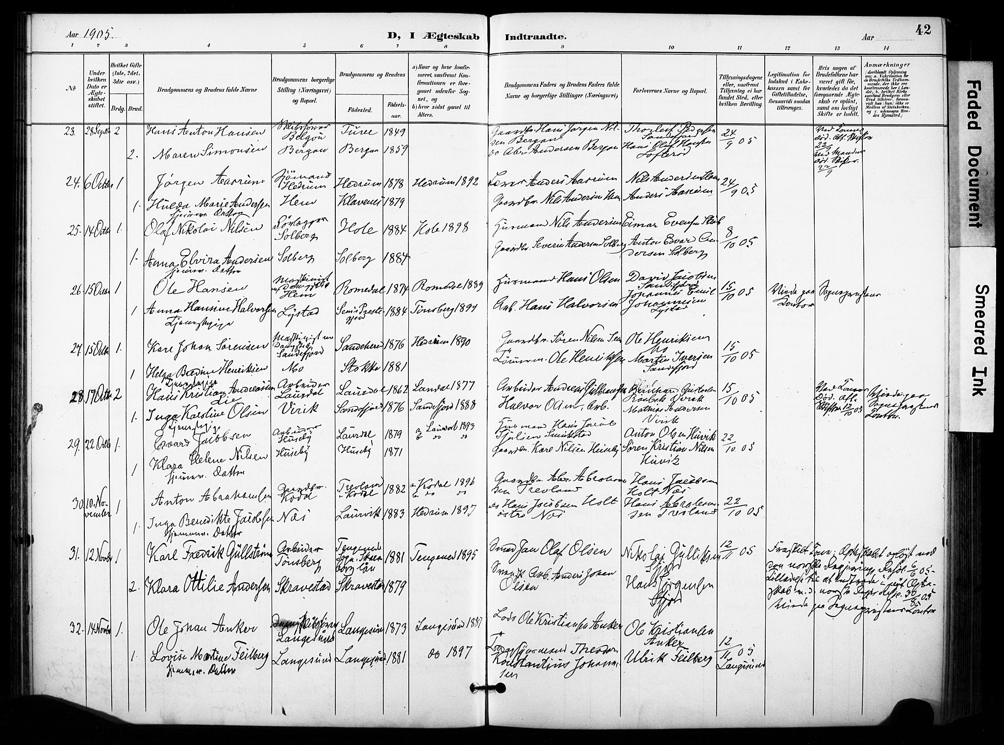 Sandar kirkebøker, AV/SAKO-A-243/F/Fa/L0015: Ministerialbok nr. 15, 1896-1907, s. 42