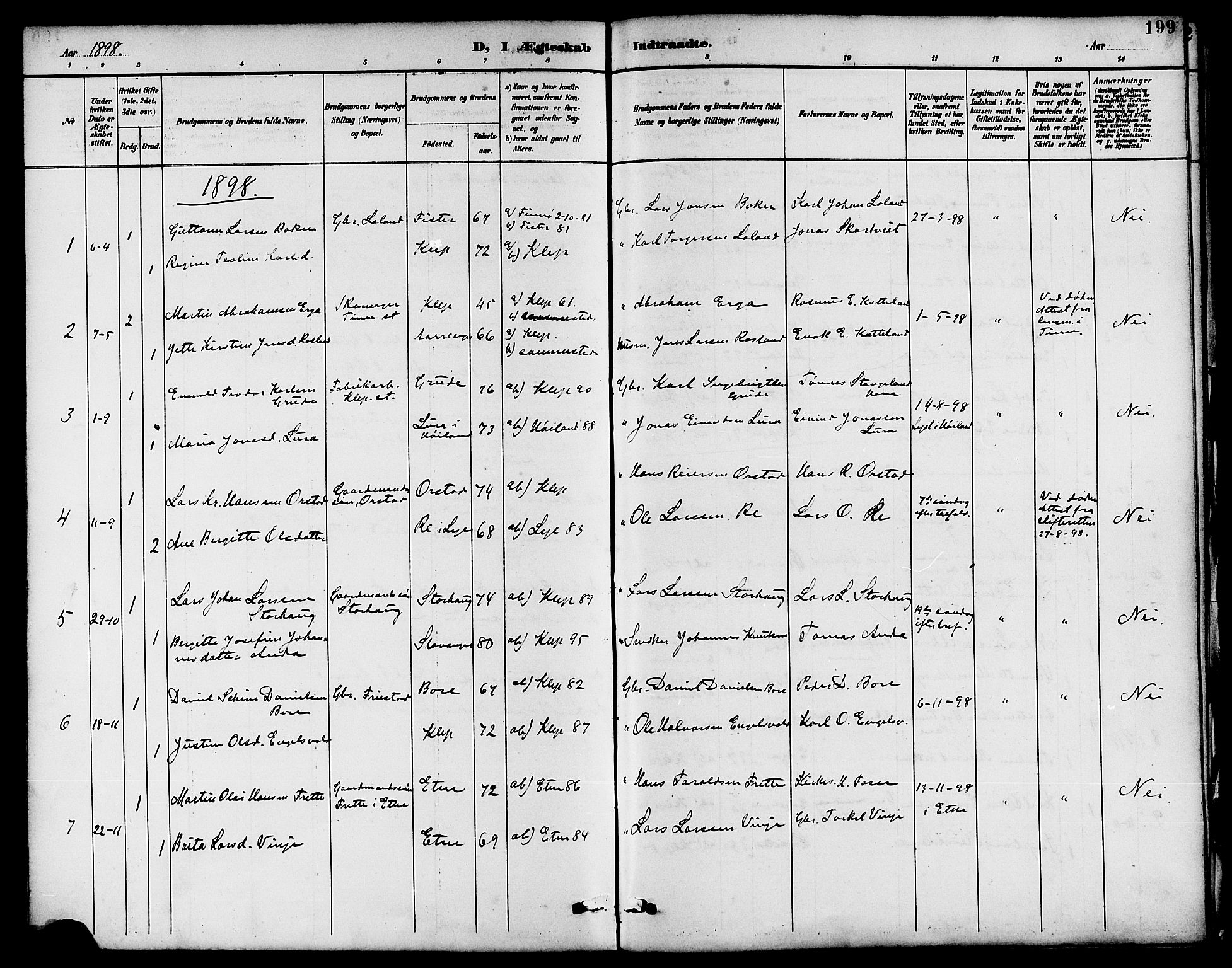 Klepp sokneprestkontor, SAST/A-101803/001/3/30BB/L0004: Klokkerbok nr. B 4, 1889-1914, s. 199