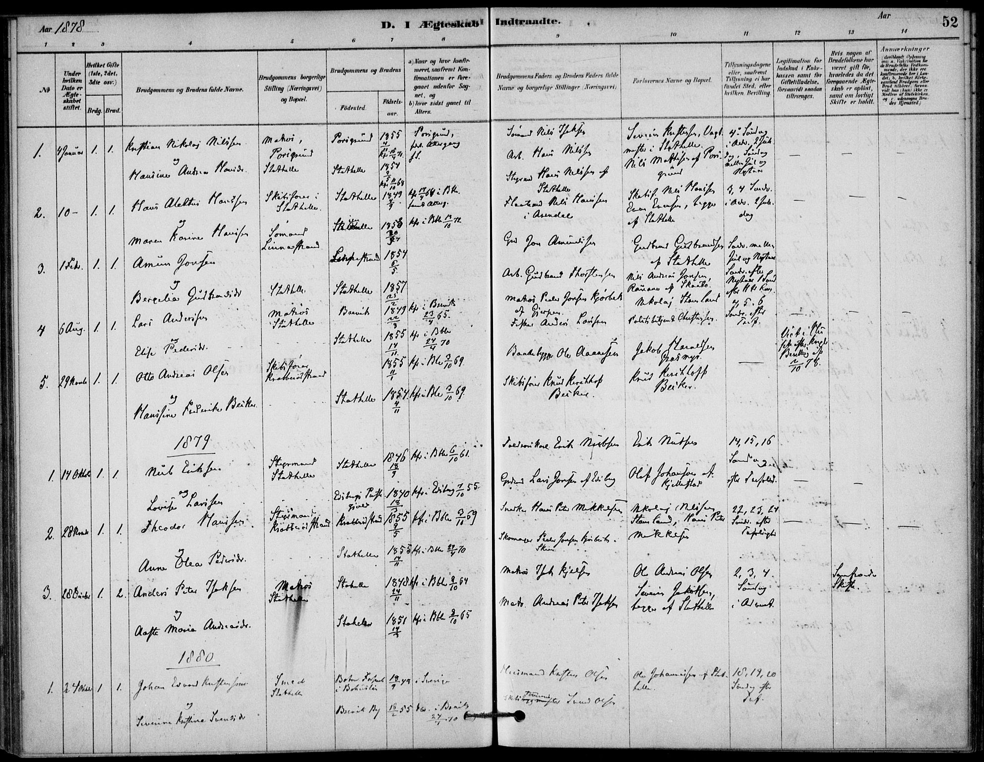 Bamble kirkebøker, AV/SAKO-A-253/G/Gb/L0001: Klokkerbok nr. II 1, 1878-1900, s. 52