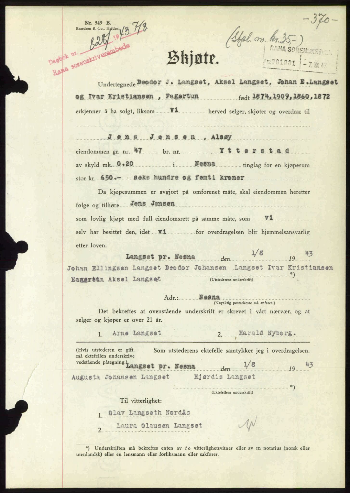 Rana sorenskriveri , SAT/A-1108/1/2/2C: Pantebok nr. A 10, 1942-1943, Dagboknr: 828/1943