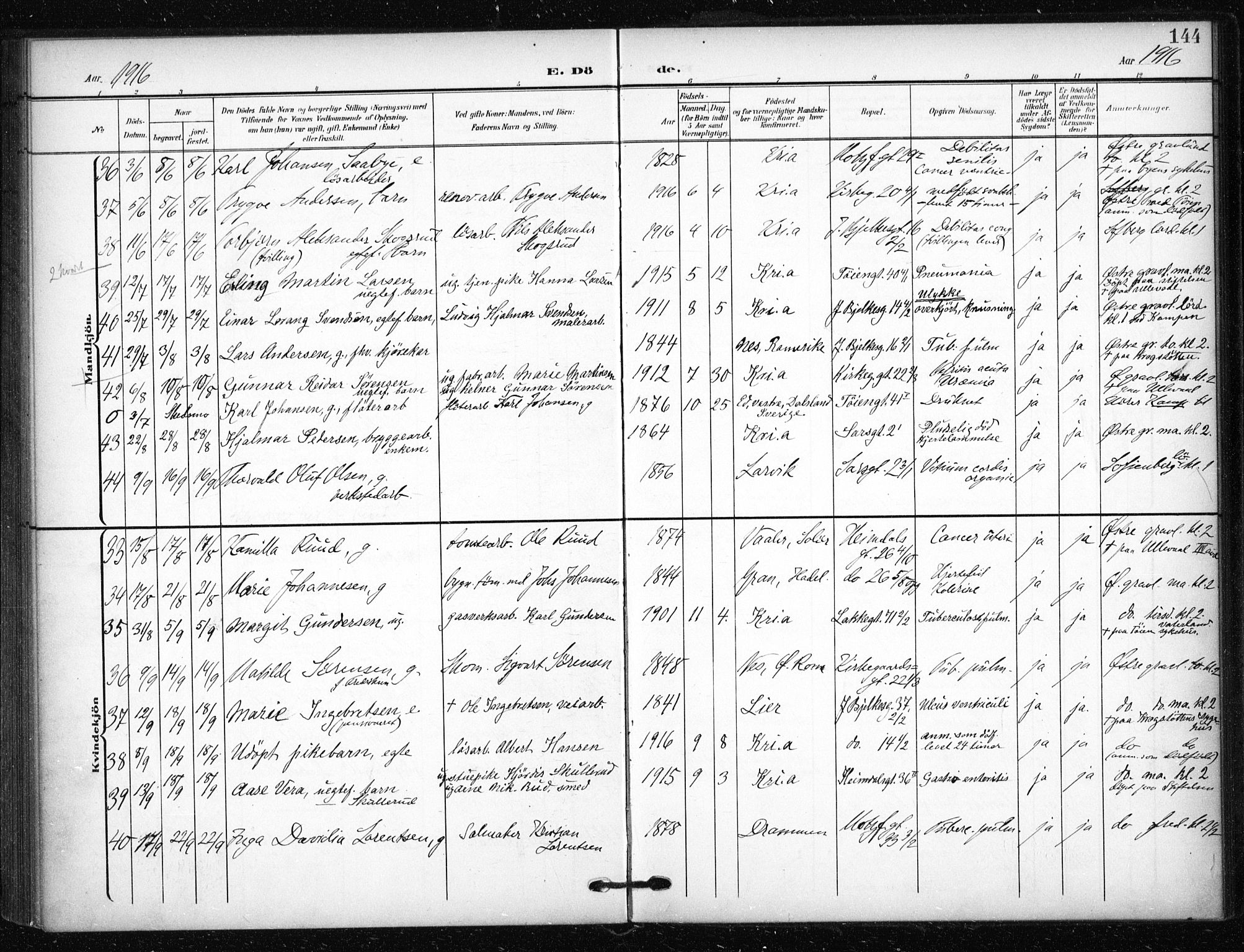 Tøyen prestekontor Kirkebøker, AV/SAO-A-10167a/F/Fa/L0002: Ministerialbok nr. I 2, 1907-1916, s. 144