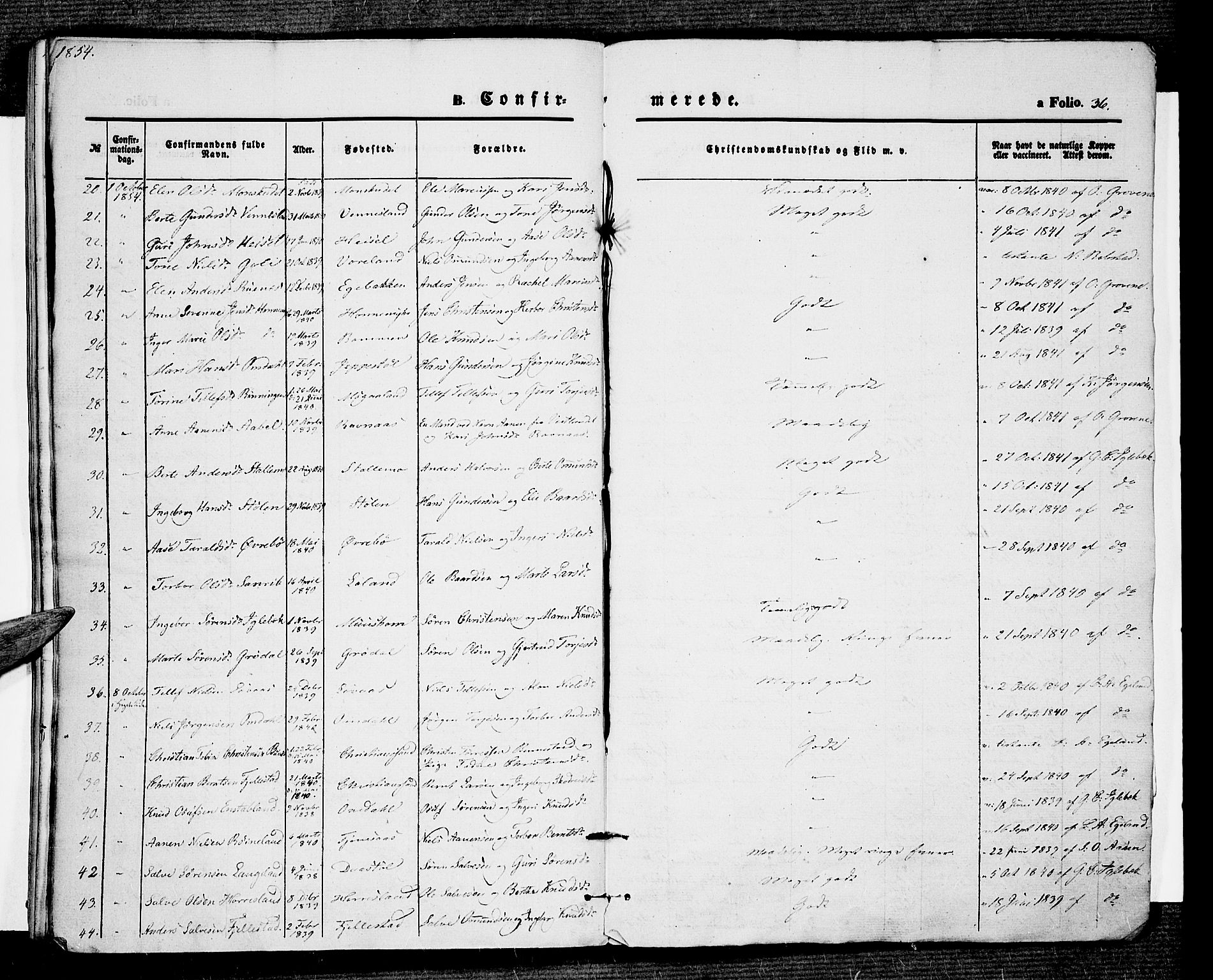 Vennesla sokneprestkontor, SAK/1111-0045/Fa/Fac/L0005: Ministerialbok nr. A 5, 1844-1855, s. 36