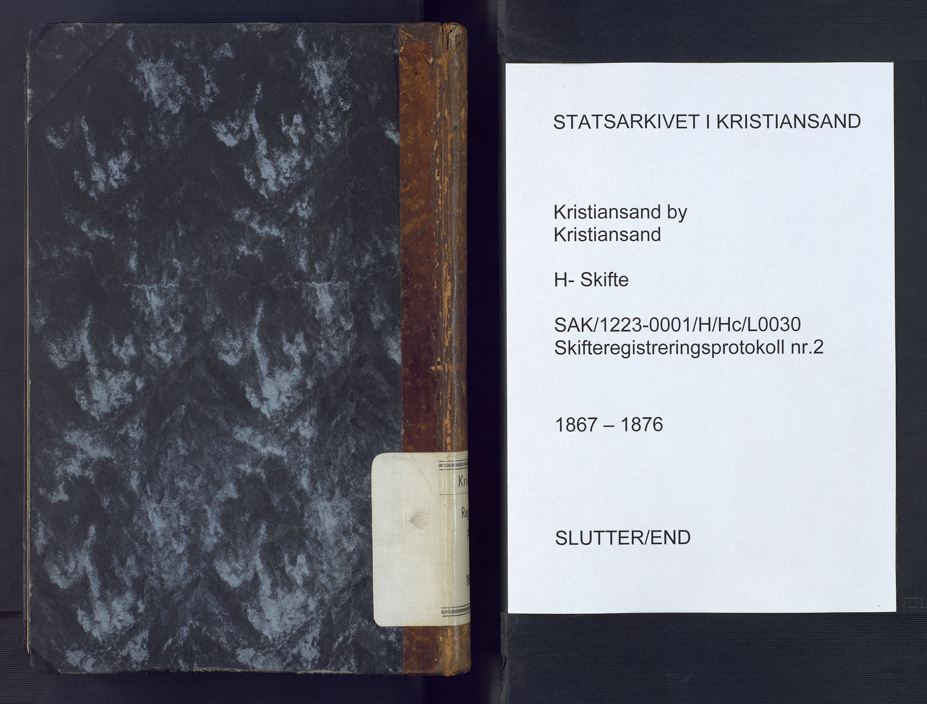 Kristiansand byrett, AV/SAK-1223-0001/H/Hc/L0030: Skifteregistreringsprotokoll nr. 2, med register, 1867-1876