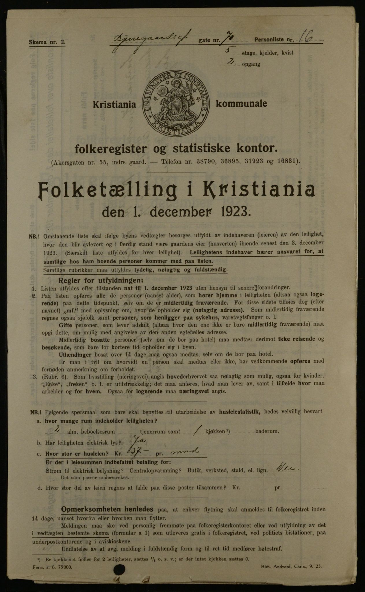 OBA, Kommunal folketelling 1.12.1923 for Kristiania, 1923, s. 7451