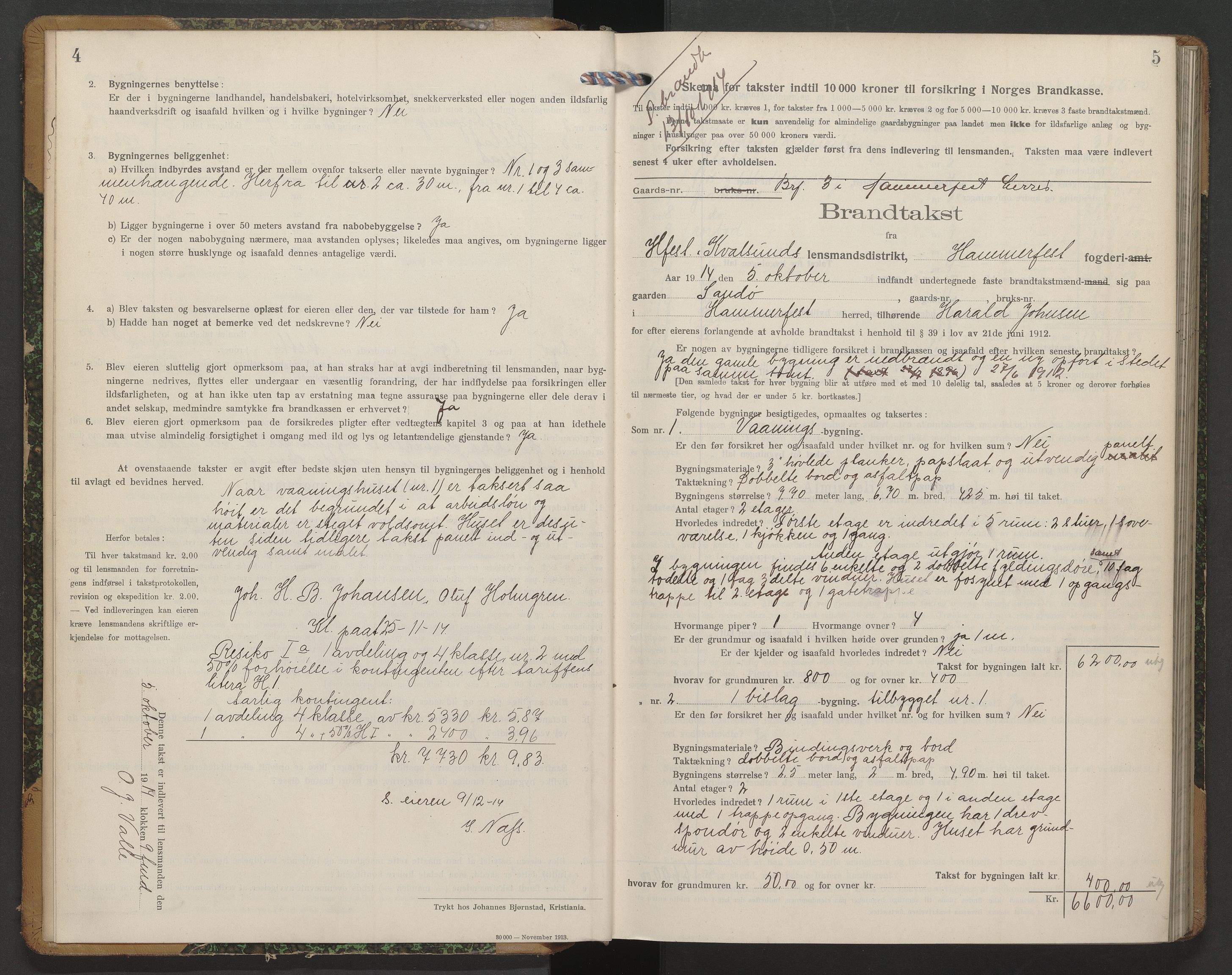 Sørøysund og Kvalsund lensmannskontor, AV/SATØ-SATO-151/1/Fl/L0008: Branntakstprotokoll - Hammerfest og Kvalsund, 1914-1917