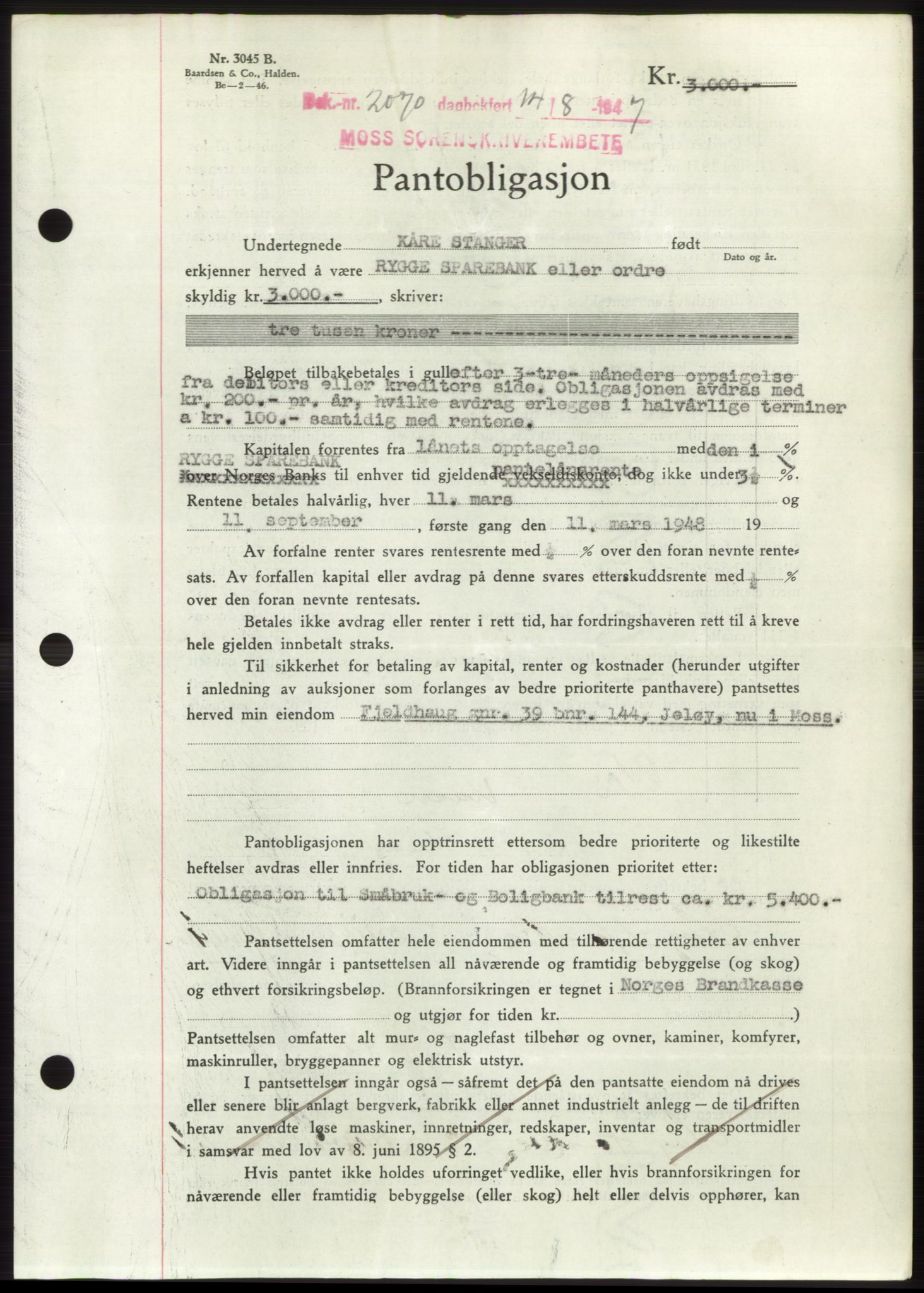 Moss sorenskriveri, SAO/A-10168: Pantebok nr. B17, 1947-1947, Dagboknr: 2070/1947