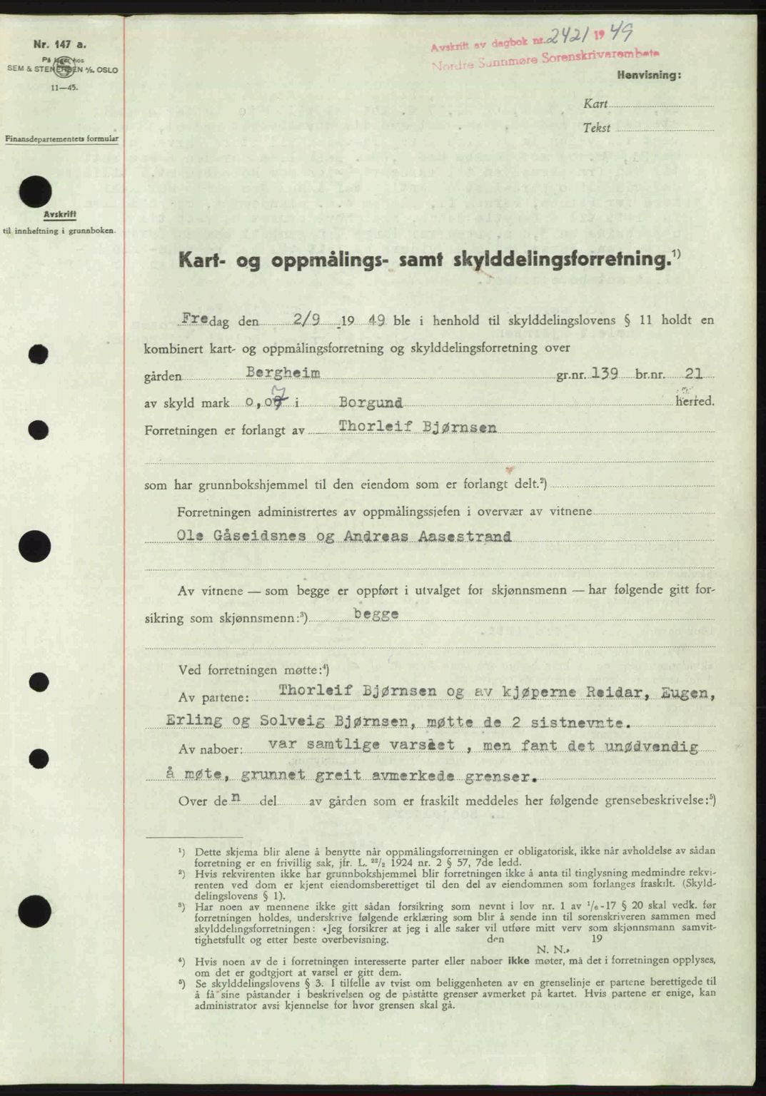Nordre Sunnmøre sorenskriveri, SAT/A-0006/1/2/2C/2Ca: Pantebok nr. A32, 1949-1949, Dagboknr: 2421/1949