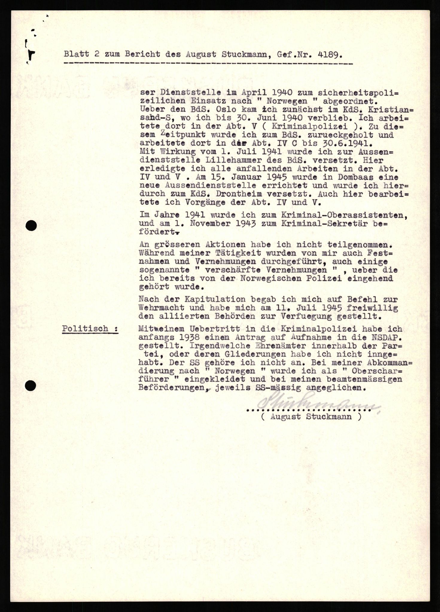 Forsvaret, Forsvarets overkommando II, RA/RAFA-3915/D/Db/L0033: CI Questionaires. Tyske okkupasjonsstyrker i Norge. Tyskere., 1945-1946, s. 277