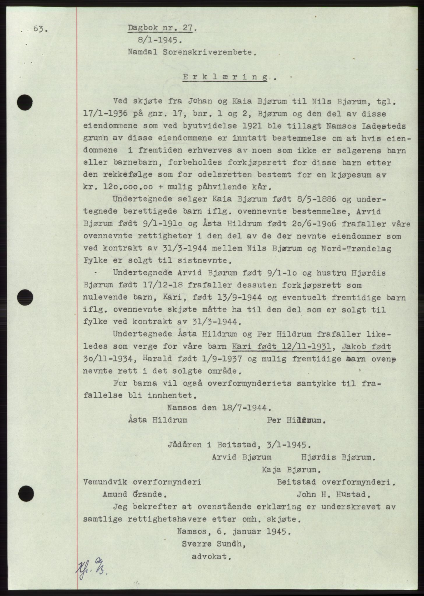 Namdal sorenskriveri, SAT/A-4133/1/2/2C: Pantebok nr. -, 1944-1945, Dagboknr: 27/1945