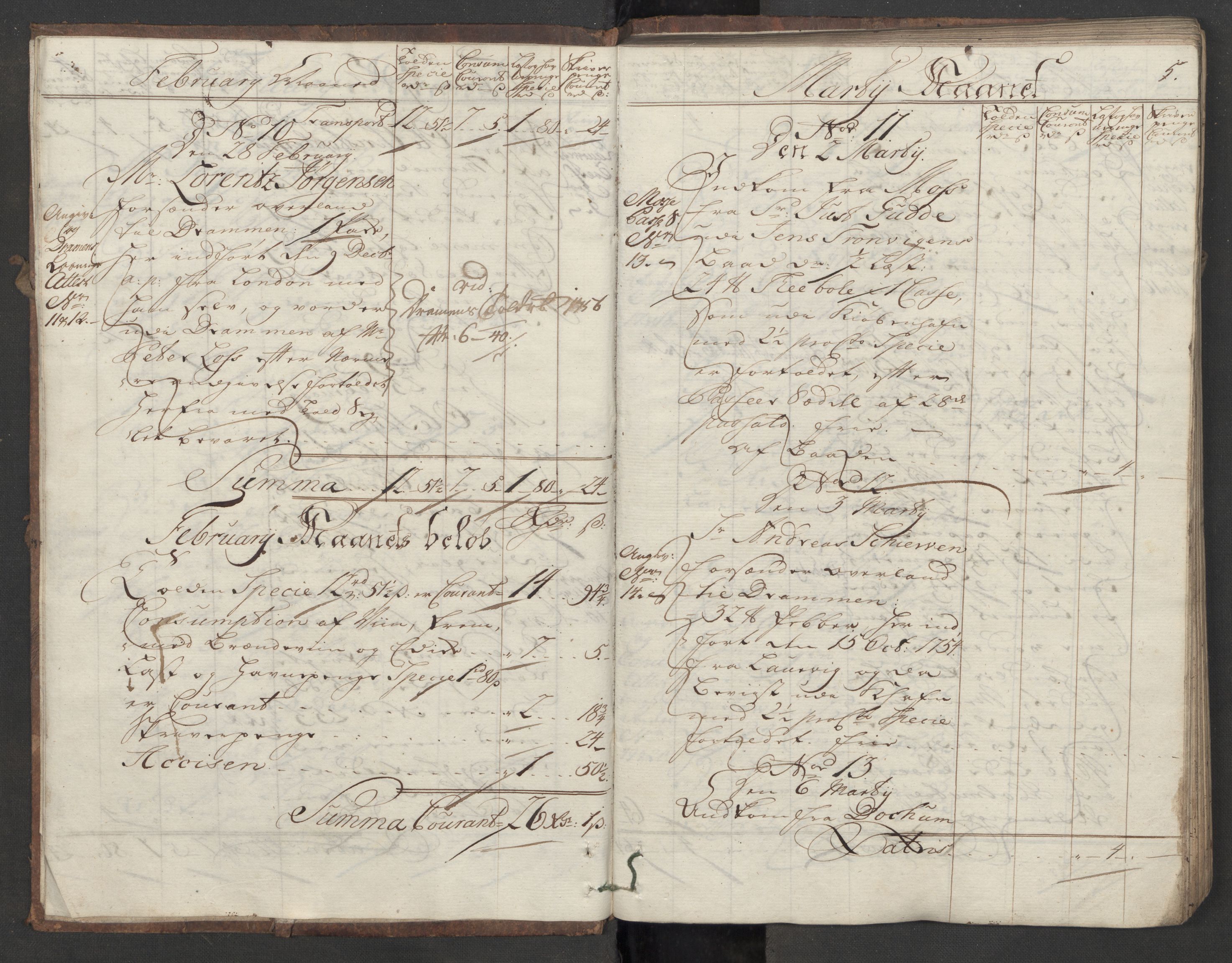 Generaltollkammeret, tollregnskaper, AV/RA-EA-5490/R09/L0021/0001: Tollregnskaper Holmestrand / Inngående hovedtollbok, 1756, s. 4b-5a