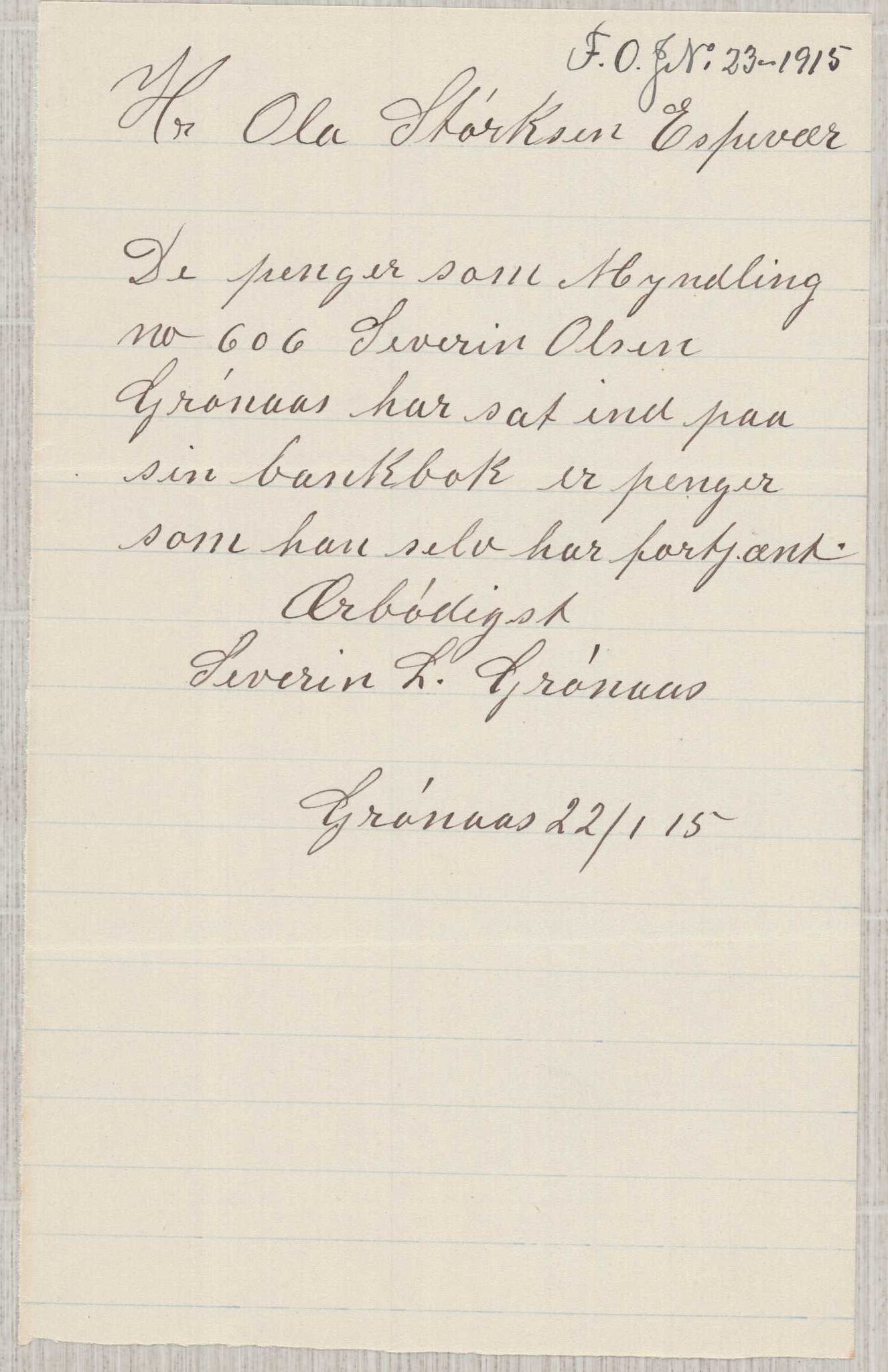 Finnaas kommune. Overformynderiet, IKAH/1218a-812/D/Da/Daa/L0003/0001: Kronologisk ordna korrespondanse / Kronologisk ordna korrespondanse, 1914-1916, s. 46