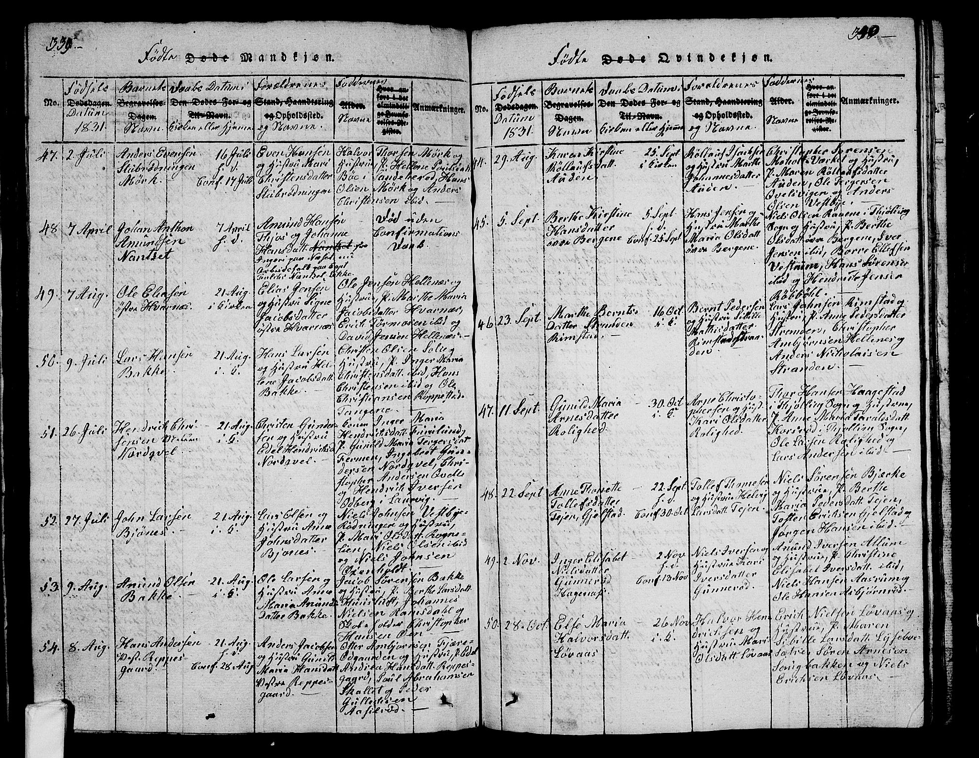 Hedrum kirkebøker, AV/SAKO-A-344/G/Ga/L0003: Klokkerbok nr. I 3, 1817-1835, s. 339-340