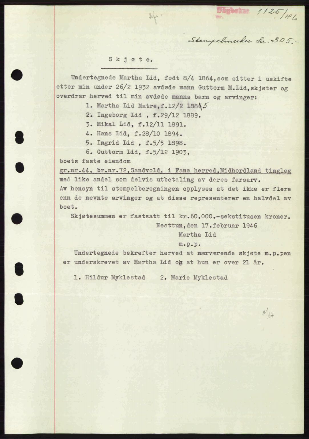 Midhordland sorenskriveri, SAB/A-3001/1/G/Gb/Gbj/L0022: Pantebok nr. A41-43, 1946-1946, Dagboknr: 1125/1946