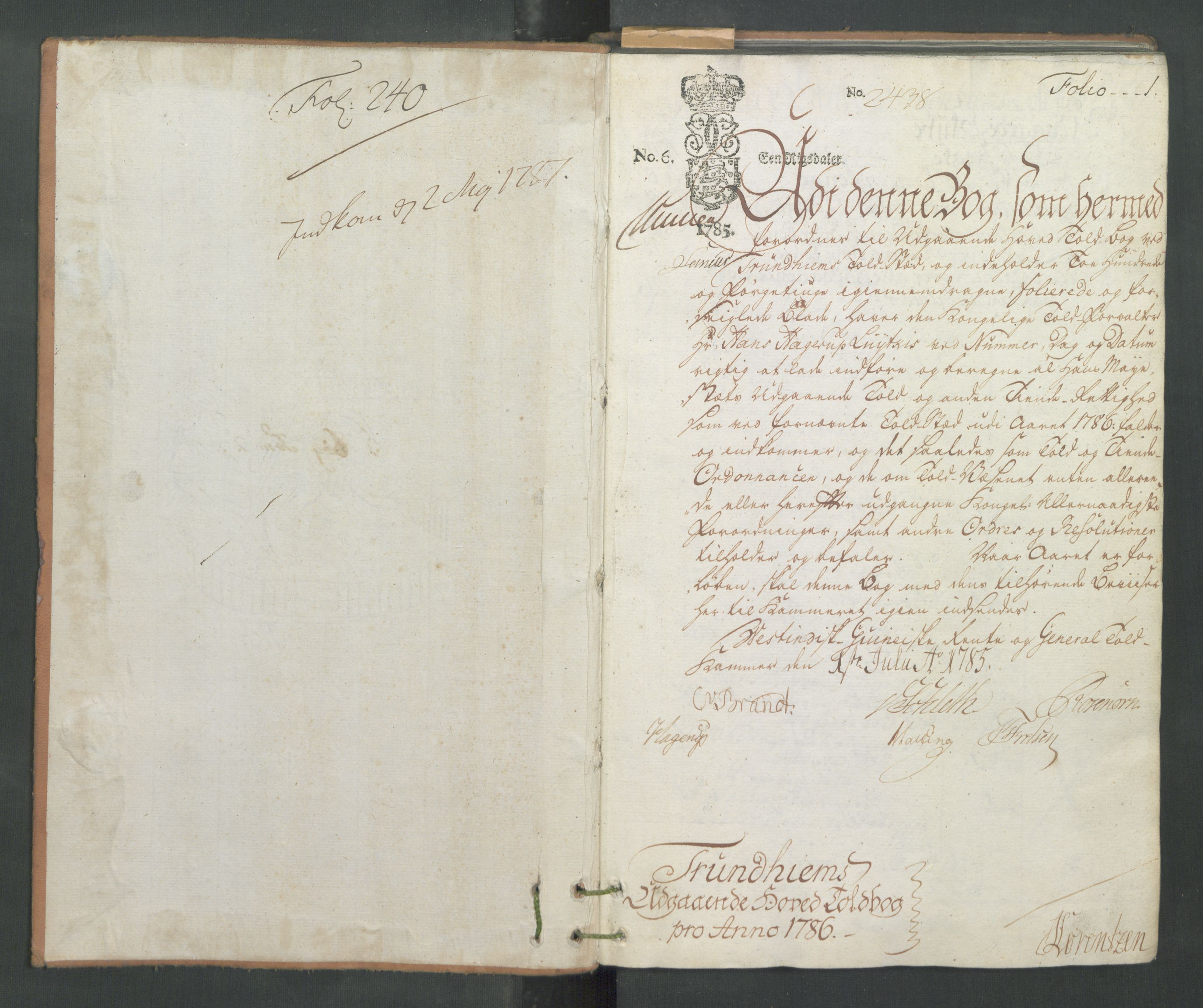 Generaltollkammeret, tollregnskaper, AV/RA-EA-5490/R33/L0171/0001: Tollregnskaper Trondheim A / Utgående hovedtollbok, 1786, s. 1a