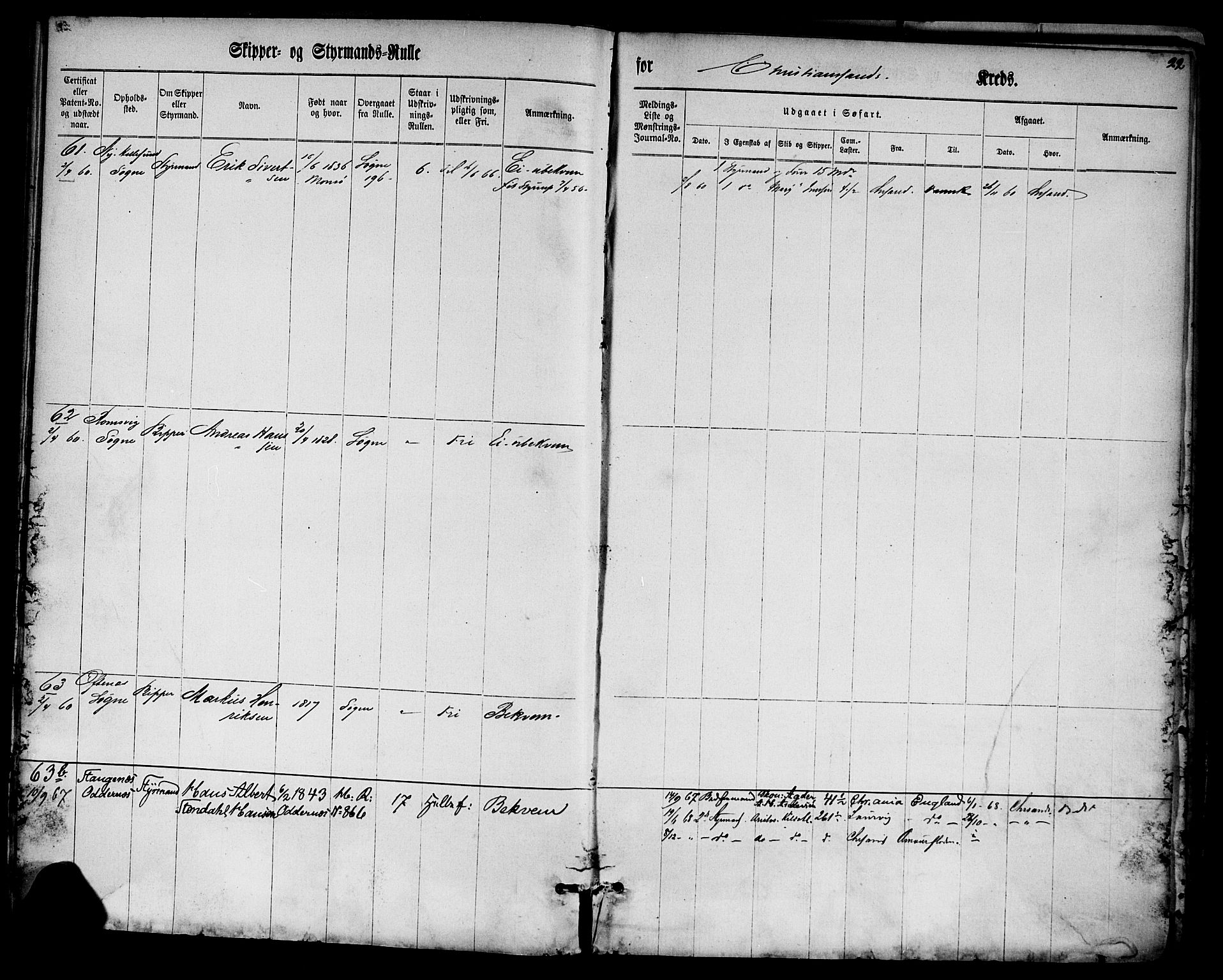 Kristiansand mønstringskrets, SAK/2031-0015/F/Fc/L0001: Skipper- og styrmannsrulle nr 1-288, med register, K-1, 1860-1870, s. 34