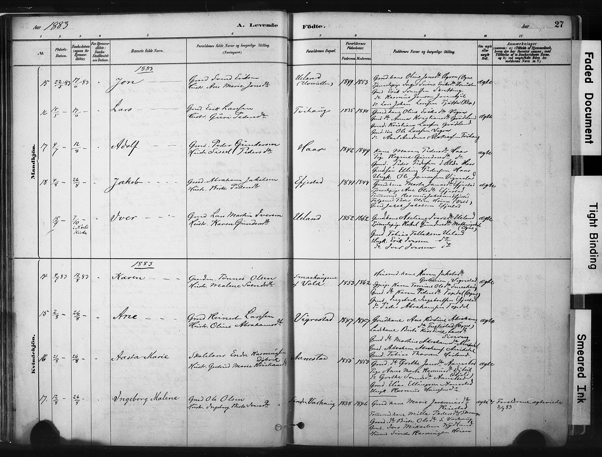 Hå sokneprestkontor, AV/SAST-A-101801/001/30BA/L0011: Ministerialbok nr. A 10, 1879-1900, s. 27