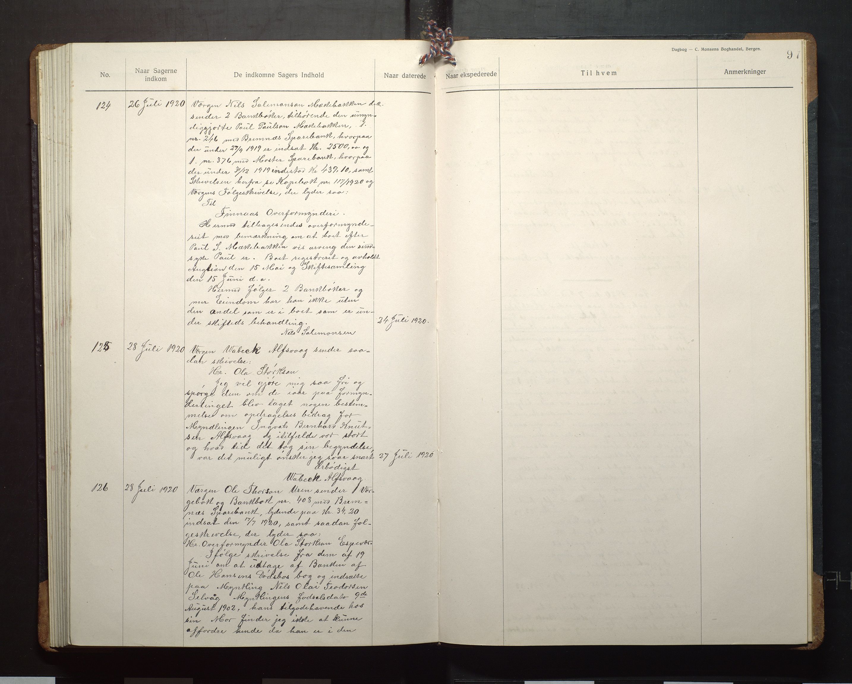 Finnaas kommune. Overformynderiet, IKAH/1218a-812/C/Ca/Caa/L0008: Postjournal for Finnås overformynderi, 1918-1920, s. 97