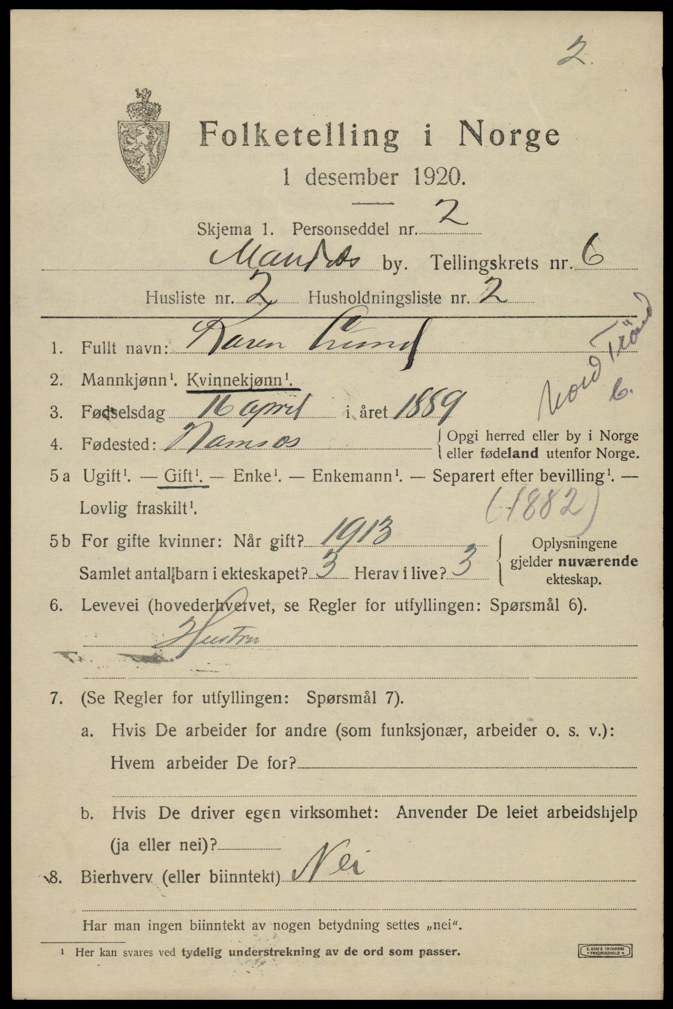 SAK, Folketelling 1920 for 1002 Mandal ladested, 1920, s. 9125