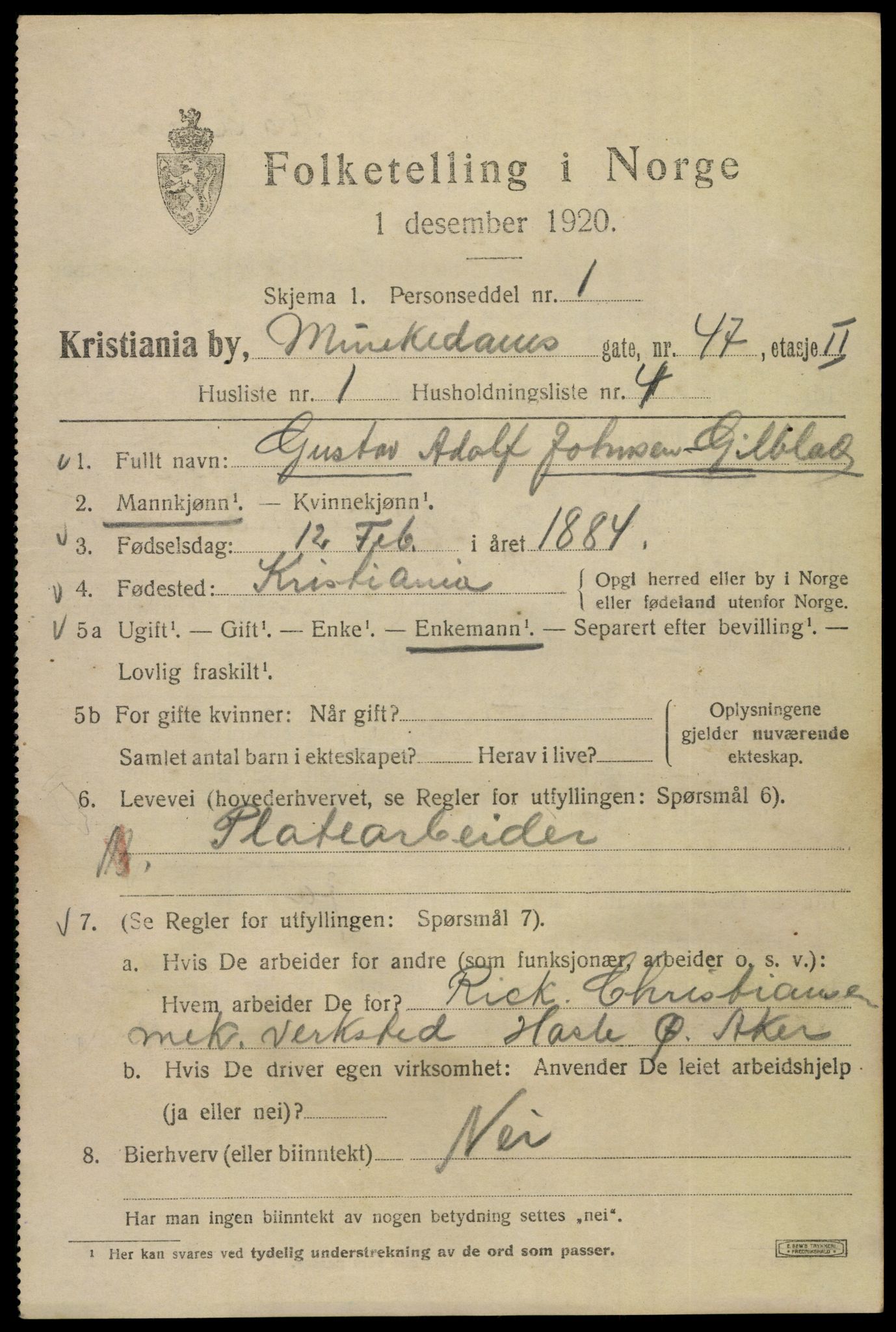 SAO, Folketelling 1920 for 0301 Kristiania kjøpstad, 1920, s. 402737