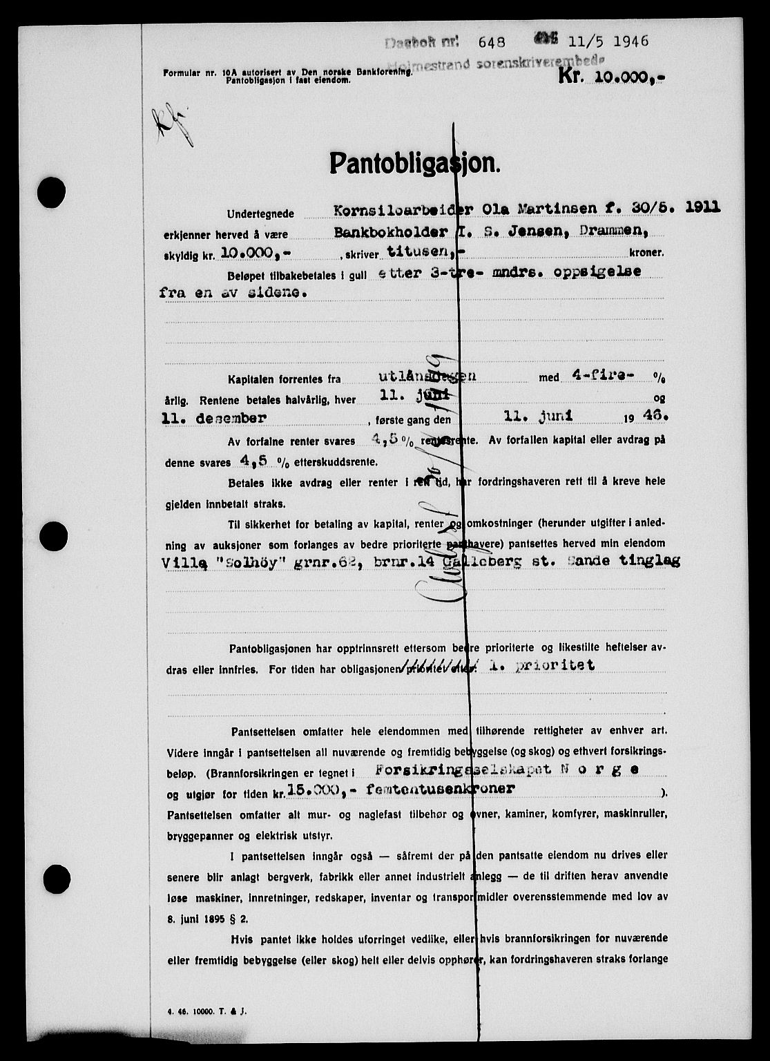 Holmestrand sorenskriveri, SAKO/A-67/G/Ga/Gab/L0055: Pantebok nr. B-55, 1945-1946, Dagboknr: 648/1946