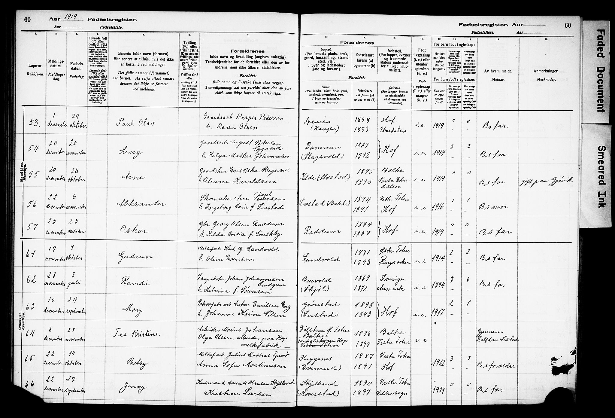 Østre Toten prestekontor, AV/SAH-PREST-104/I/Id/L0001/0001: Fødselsregister nr. 1.1, 1916-1928, s. 60