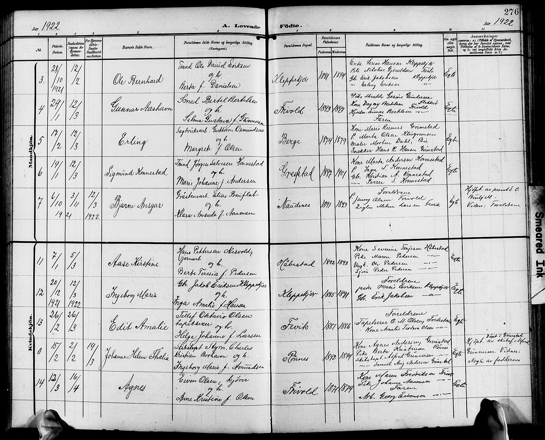Fjære sokneprestkontor, AV/SAK-1111-0011/F/Fb/L0012: Klokkerbok nr. B 12, 1902-1925, s. 276