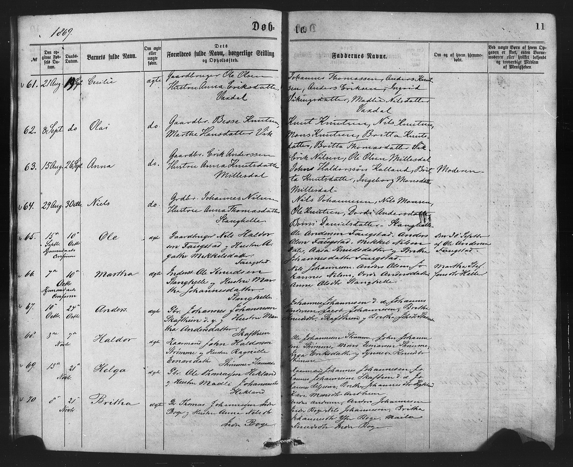 Bruvik Sokneprestembete, AV/SAB-A-74701/H/Haa: Ministerialbok nr. A 1, 1869-1877, s. 11