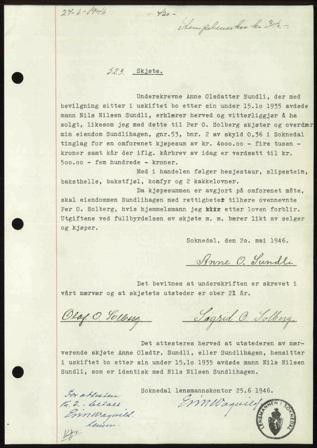 Gauldal sorenskriveri, SAT/A-0014/1/2/2C: Pantebok nr. A2, 1946-1946, Dagboknr: 523/1946
