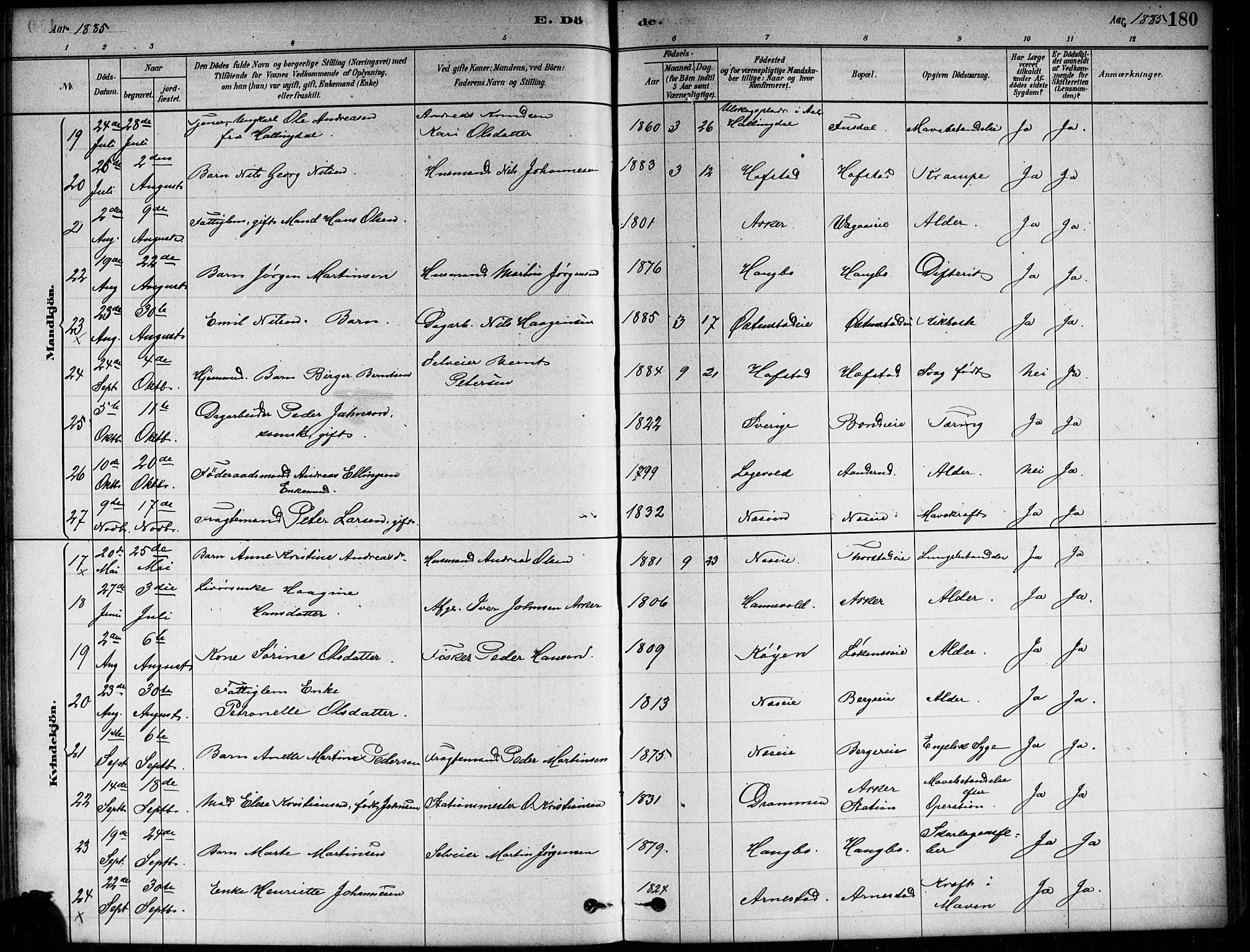 Asker prestekontor Kirkebøker, AV/SAO-A-10256a/F/Fa/L0013: Ministerialbok nr. I 13, 1879-1896, s. 180