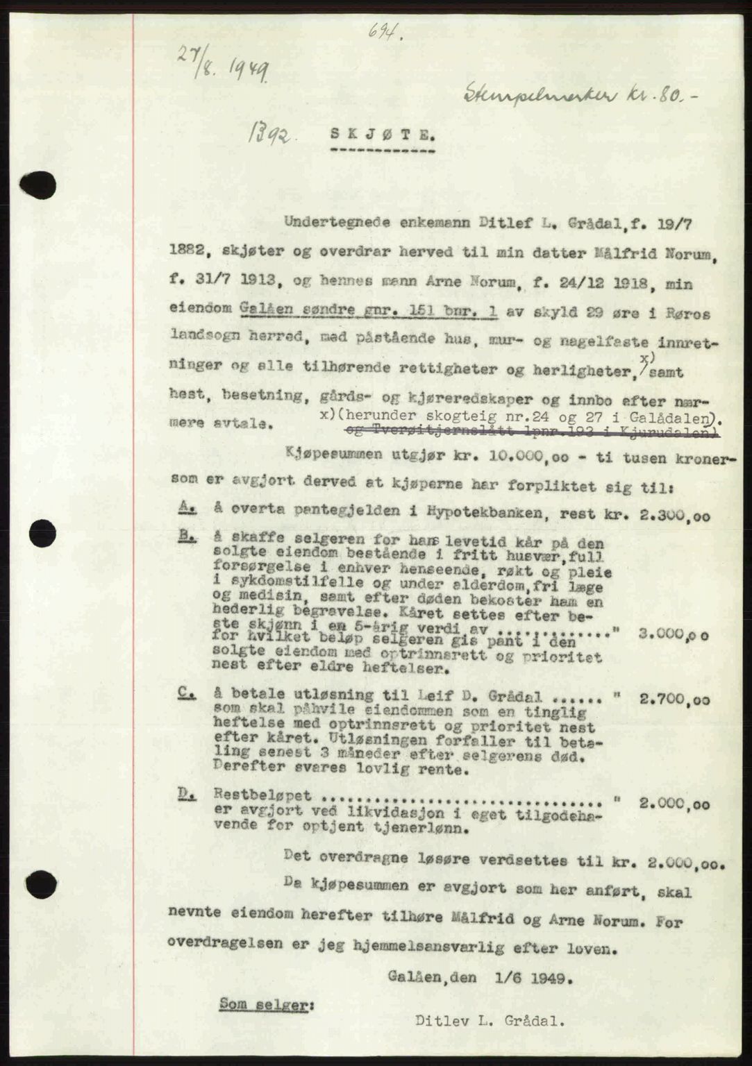 Gauldal sorenskriveri, SAT/A-0014/1/2/2C: Pantebok nr. A8, 1949-1949, Dagboknr: 1392/1949