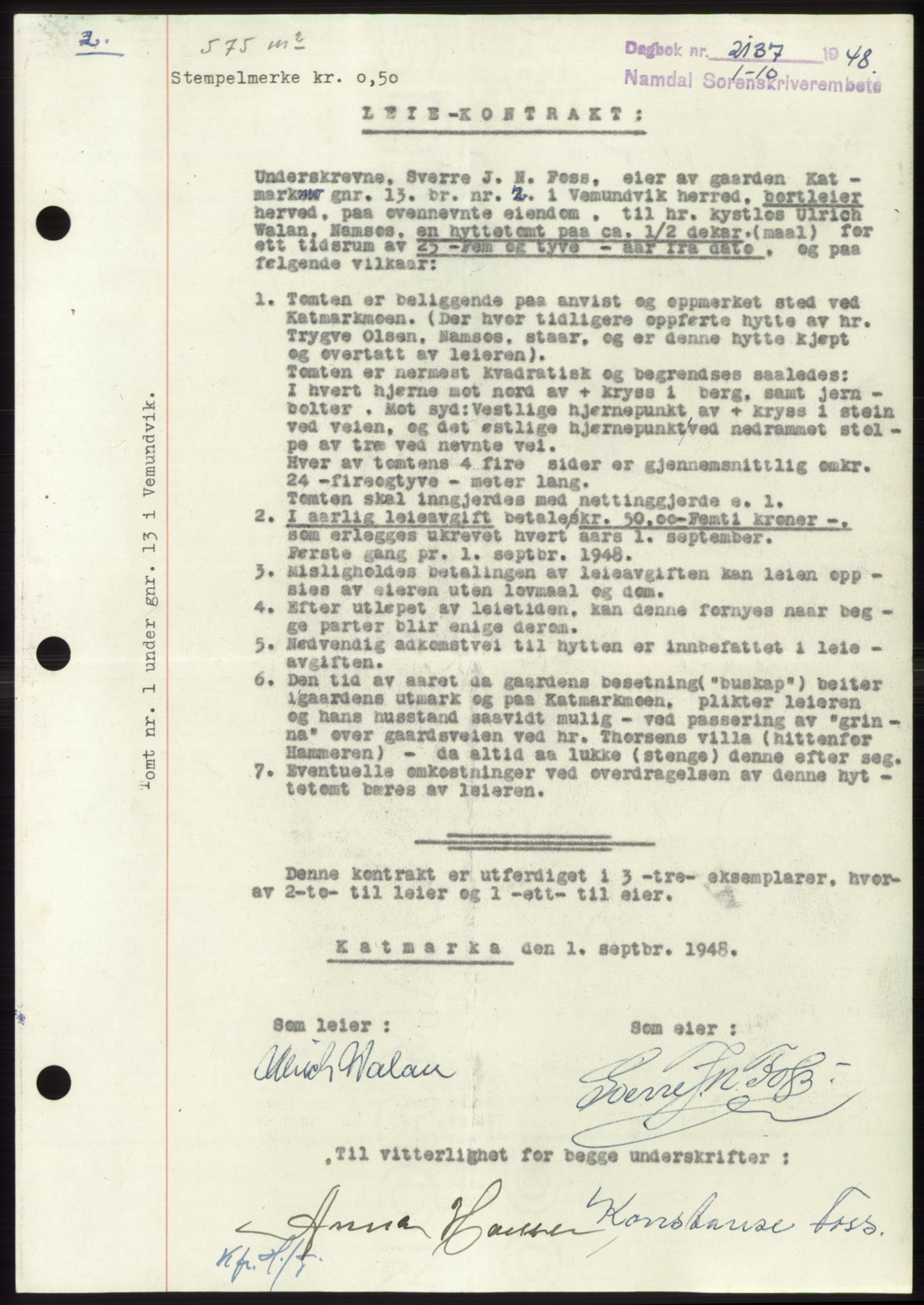 Namdal sorenskriveri, SAT/A-4133/1/2/2C: Pantebok nr. -, 1948-1948, Dagboknr: 2137/1948