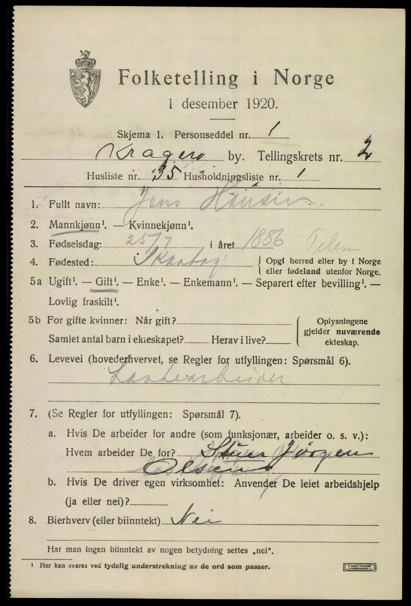 SAKO, Folketelling 1920 for 0801 Kragerø kjøpstad, 1920, s. 5769