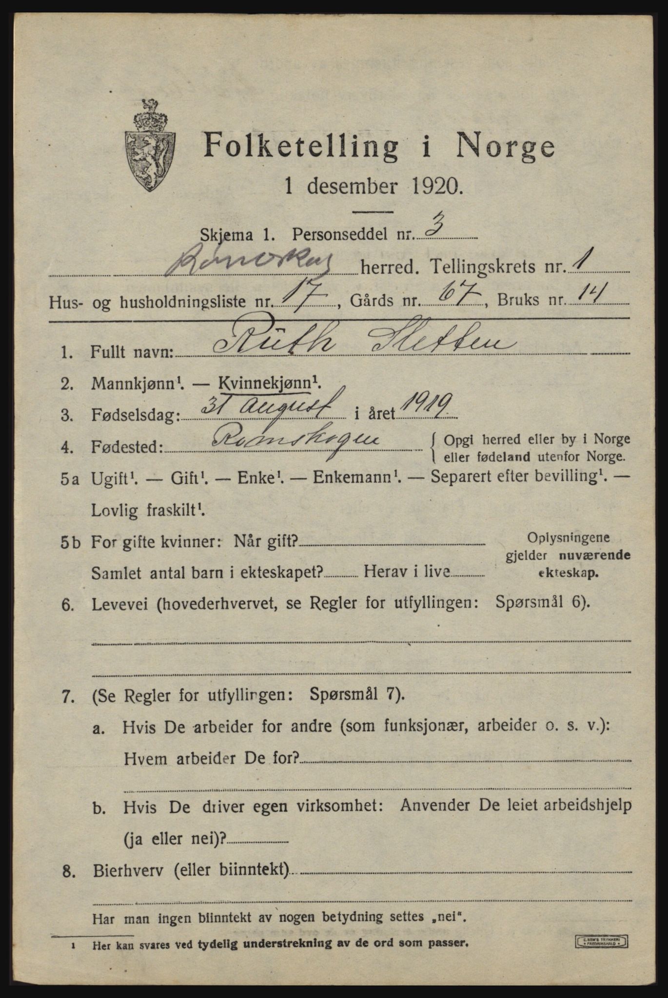 SAO, Folketelling 1920 for 0121 Rømskog herred, 1920, s. 354