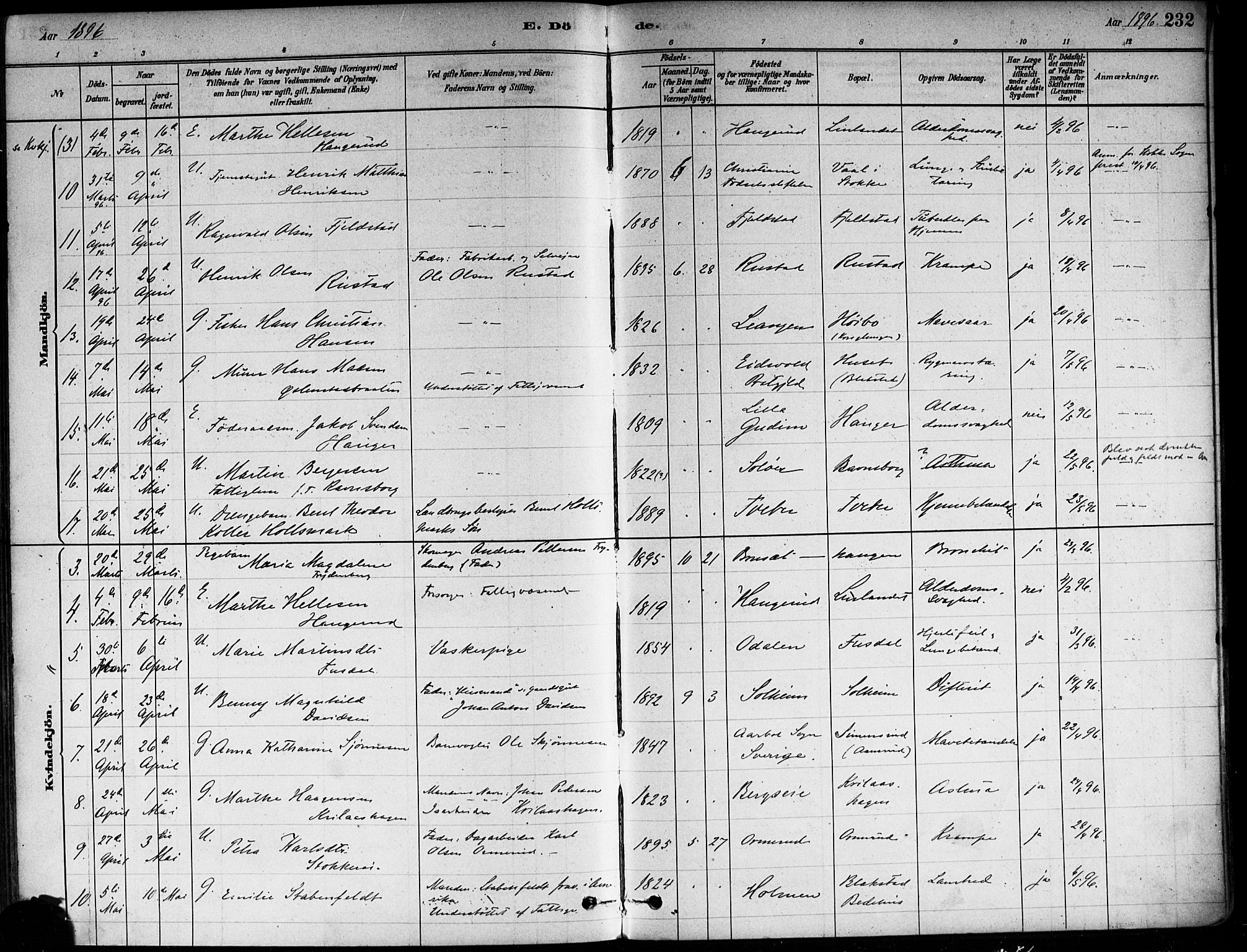Asker prestekontor Kirkebøker, AV/SAO-A-10256a/F/Fa/L0013: Ministerialbok nr. I 13, 1879-1896, s. 232