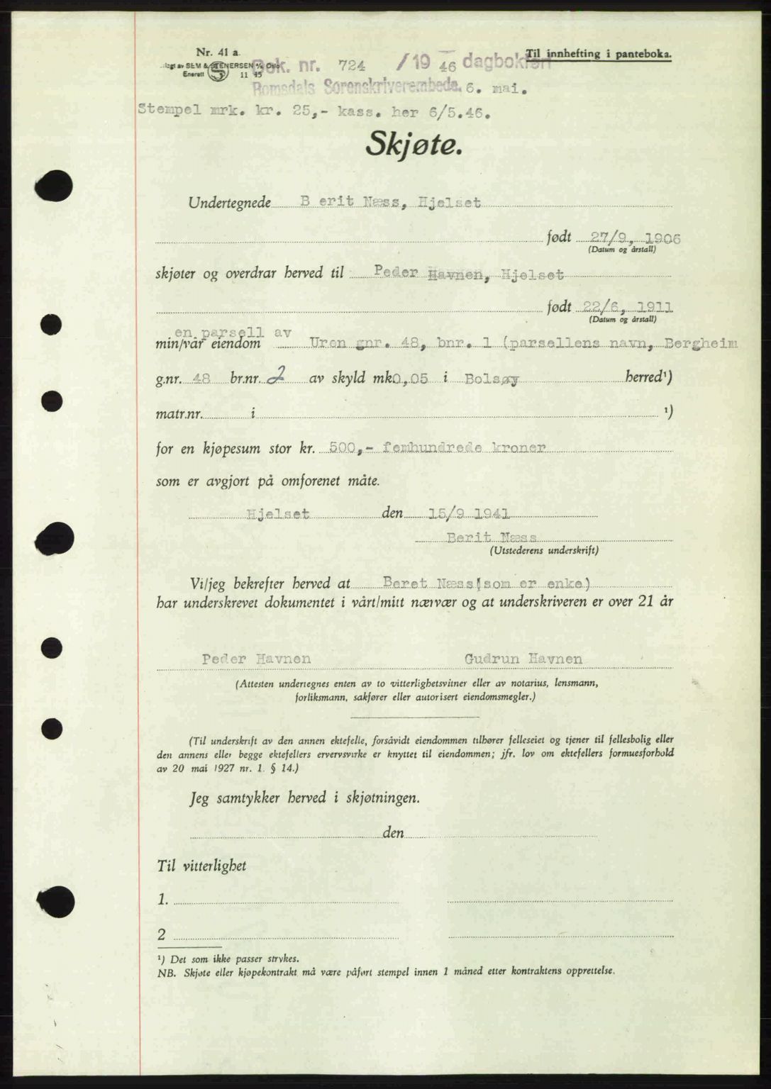 Romsdal sorenskriveri, SAT/A-4149/1/2/2C: Pantebok nr. A19, 1946-1946, Dagboknr: 724/1946