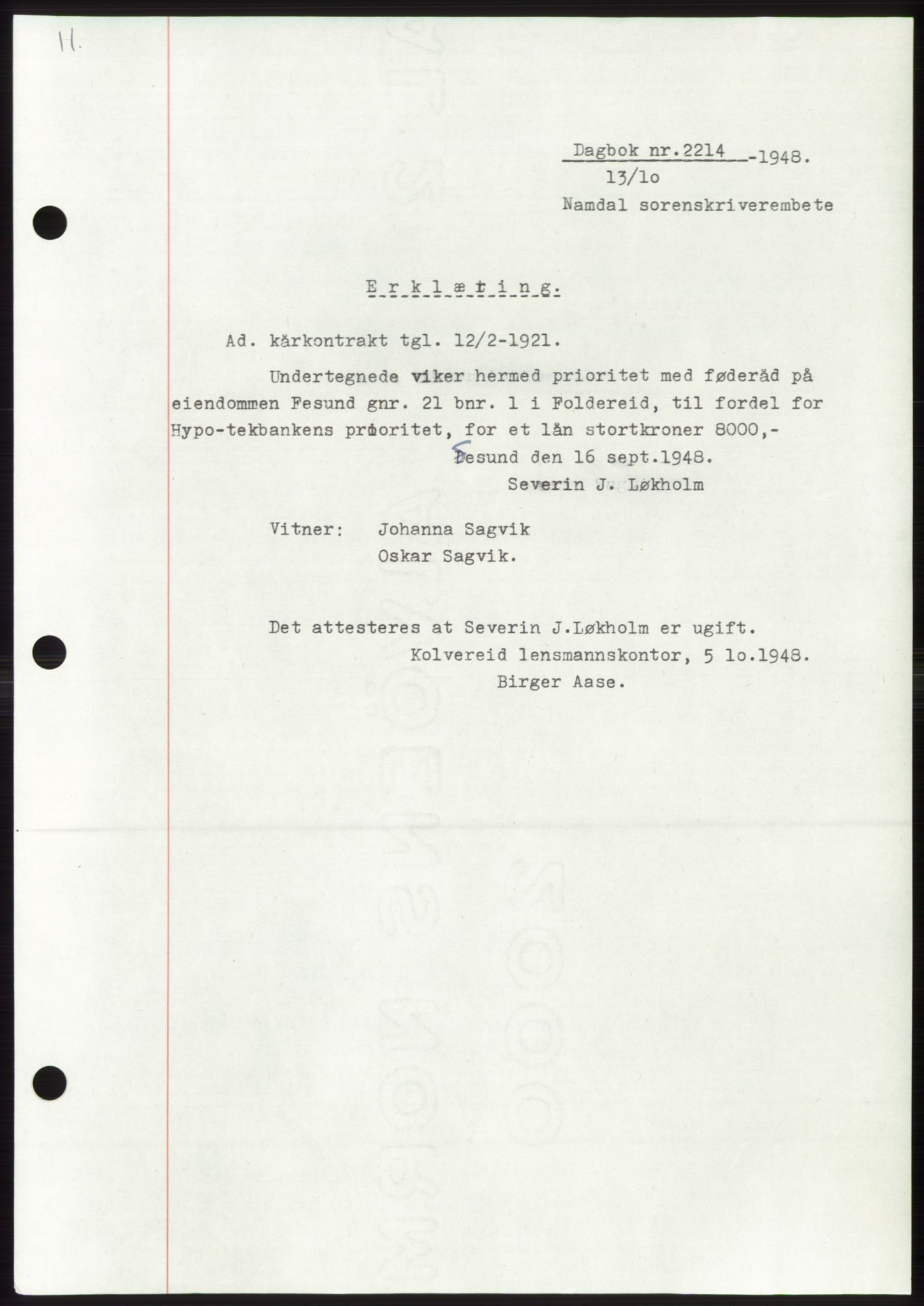 Namdal sorenskriveri, SAT/A-4133/1/2/2C: Pantebok nr. -, 1948-1948, Dagboknr: 2214/1948