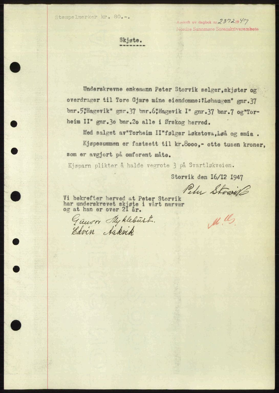 Nordre Sunnmøre sorenskriveri, AV/SAT-A-0006/1/2/2C/2Ca: Pantebok nr. A26, 1947-1948, Dagboknr: 2372/1947