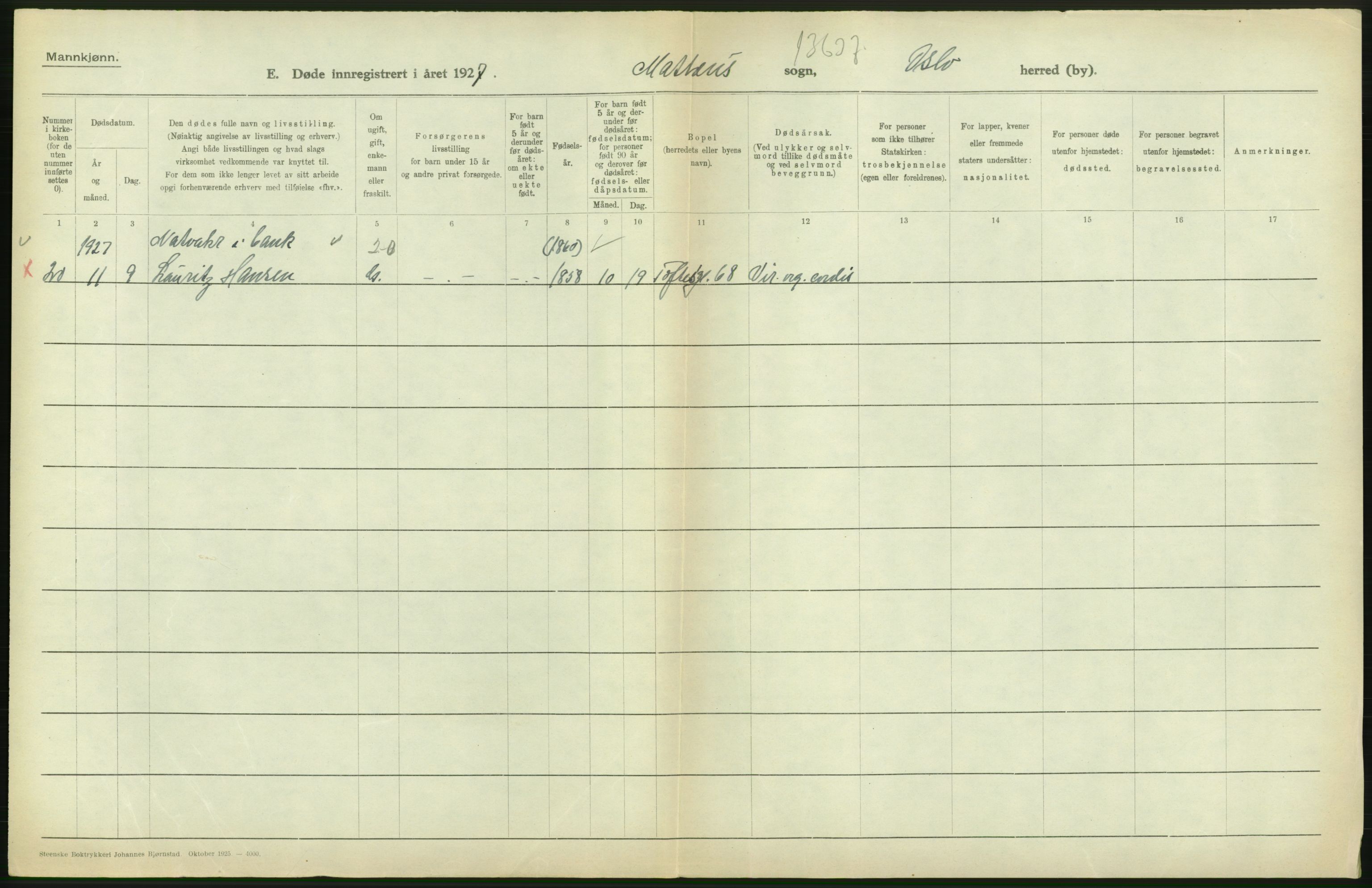 Statistisk sentralbyrå, Sosiodemografiske emner, Befolkning, RA/S-2228/D/Df/Dfc/Dfcg/L0009: Oslo: Døde menn, 1927, s. 318