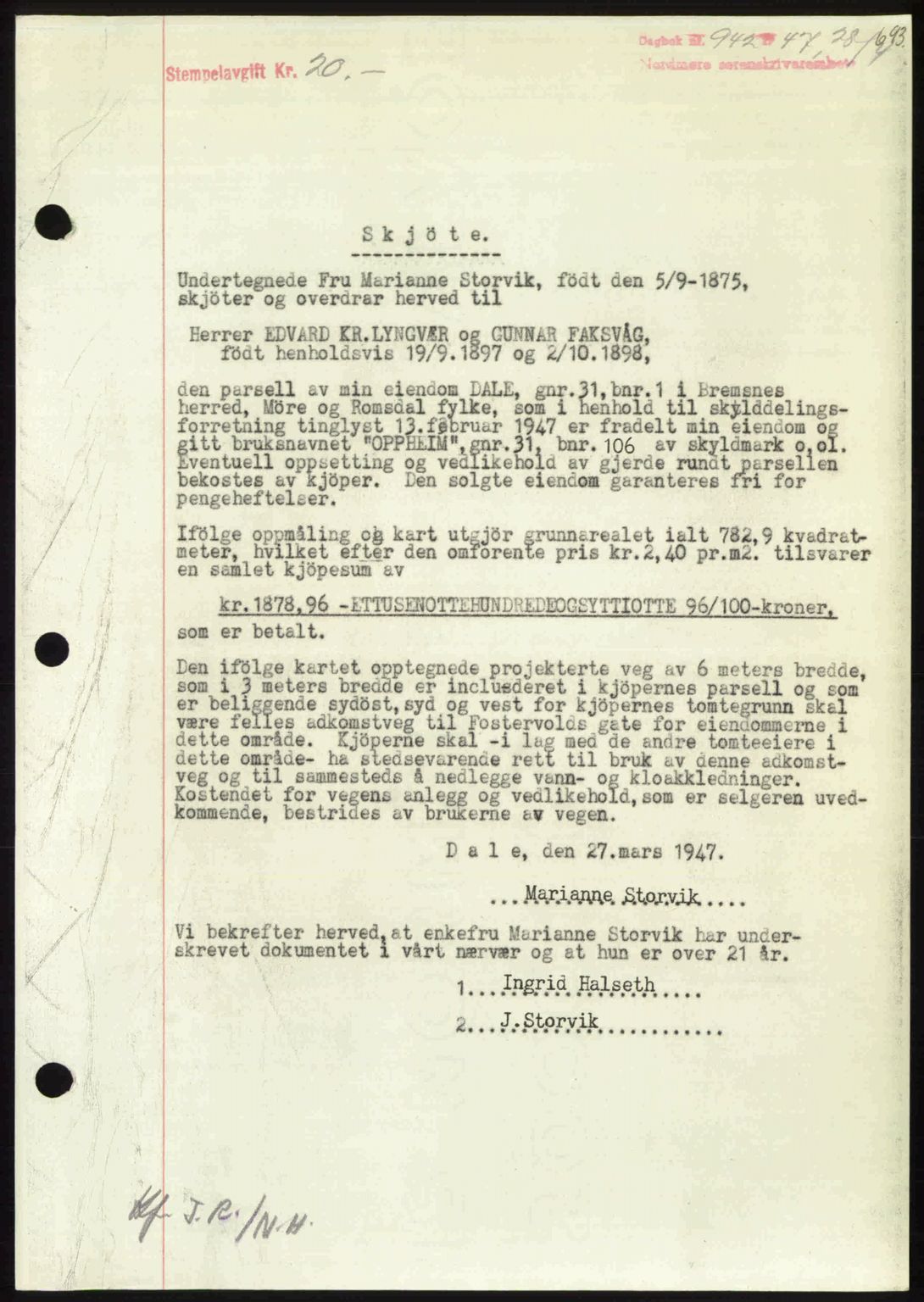 Nordmøre sorenskriveri, SAT/A-4132/1/2/2Ca: Pantebok nr. A104, 1947-1947, Dagboknr: 942/1947
