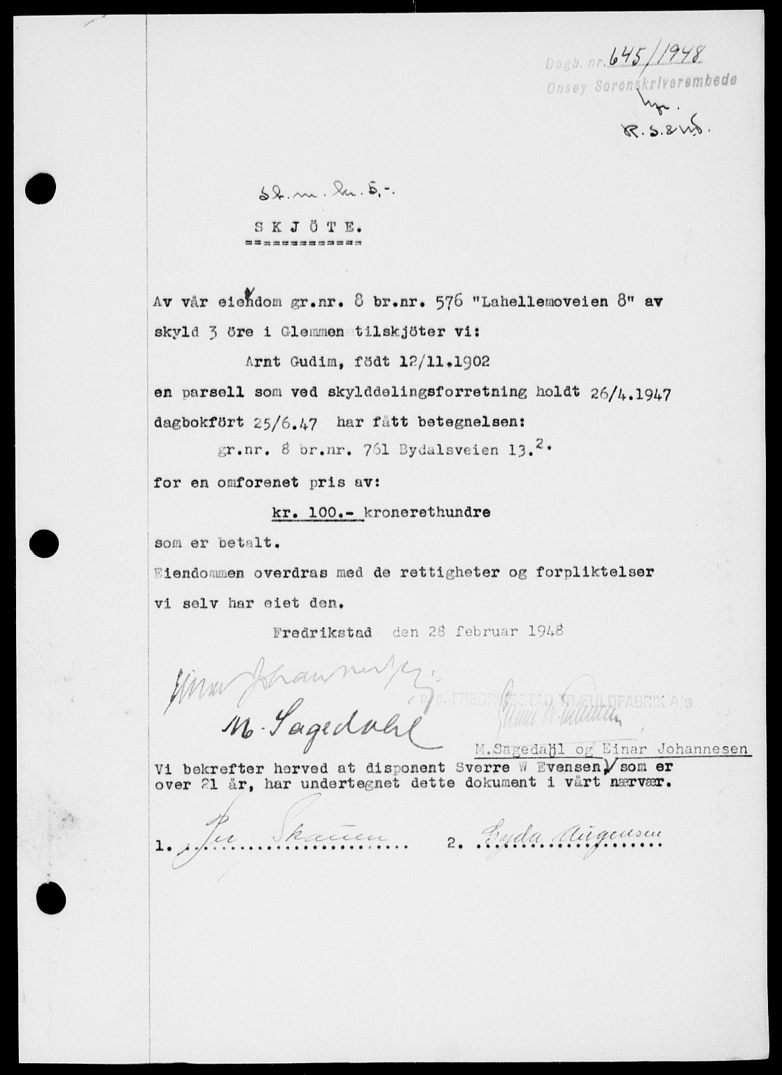 Onsøy sorenskriveri, SAO/A-10474/G/Ga/Gab/L0022: Pantebok nr. II A-22, 1947-1948, Dagboknr: 645/1948