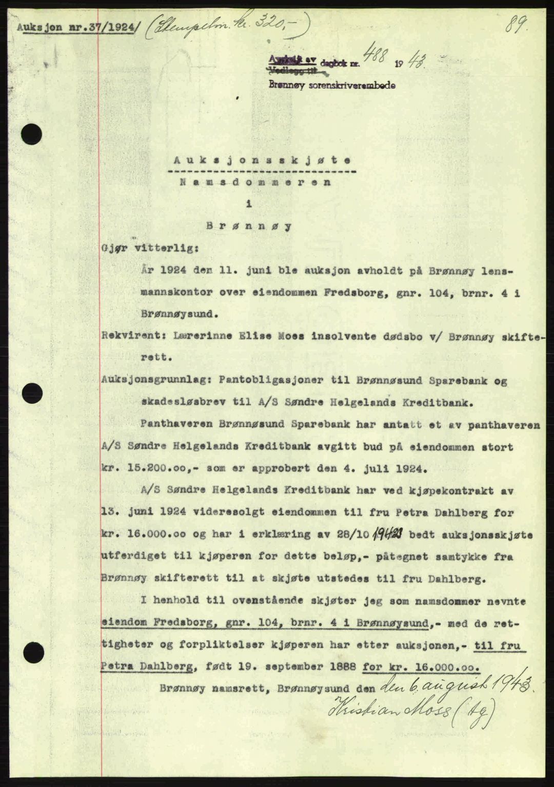 Brønnøy sorenskriveri, SAT/A-4170/1/2/2C: Pantebok nr. 23, 1943-1944, Dagboknr: 488/1943