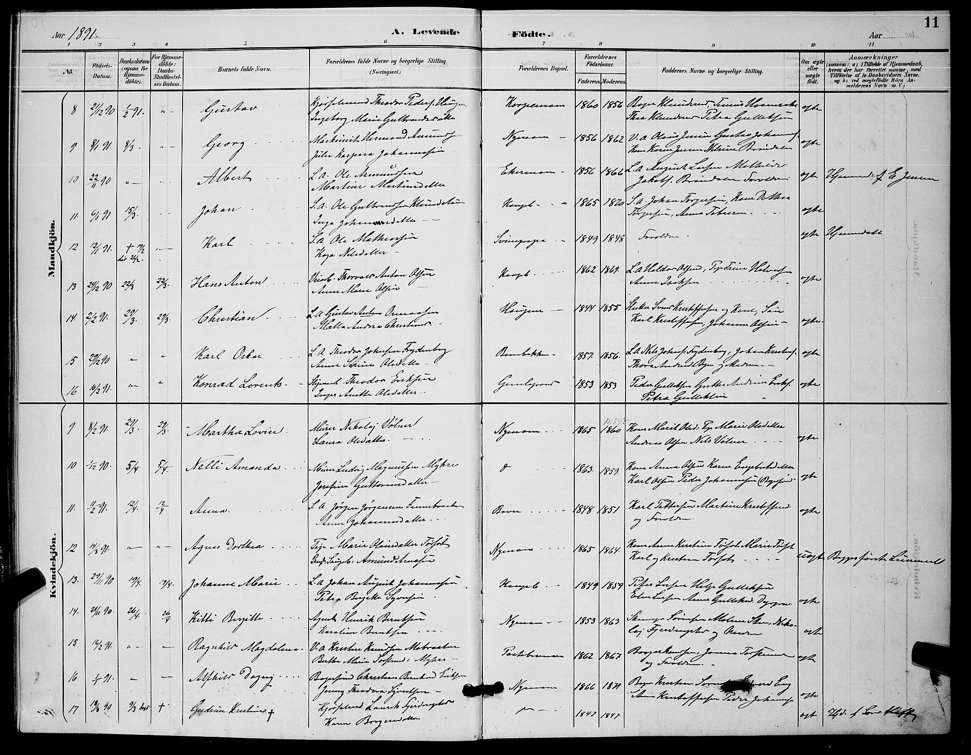 Kongsberg kirkebøker, AV/SAKO-A-22/G/Ga/L0006: Klokkerbok nr. 6, 1890-1901, s. 11