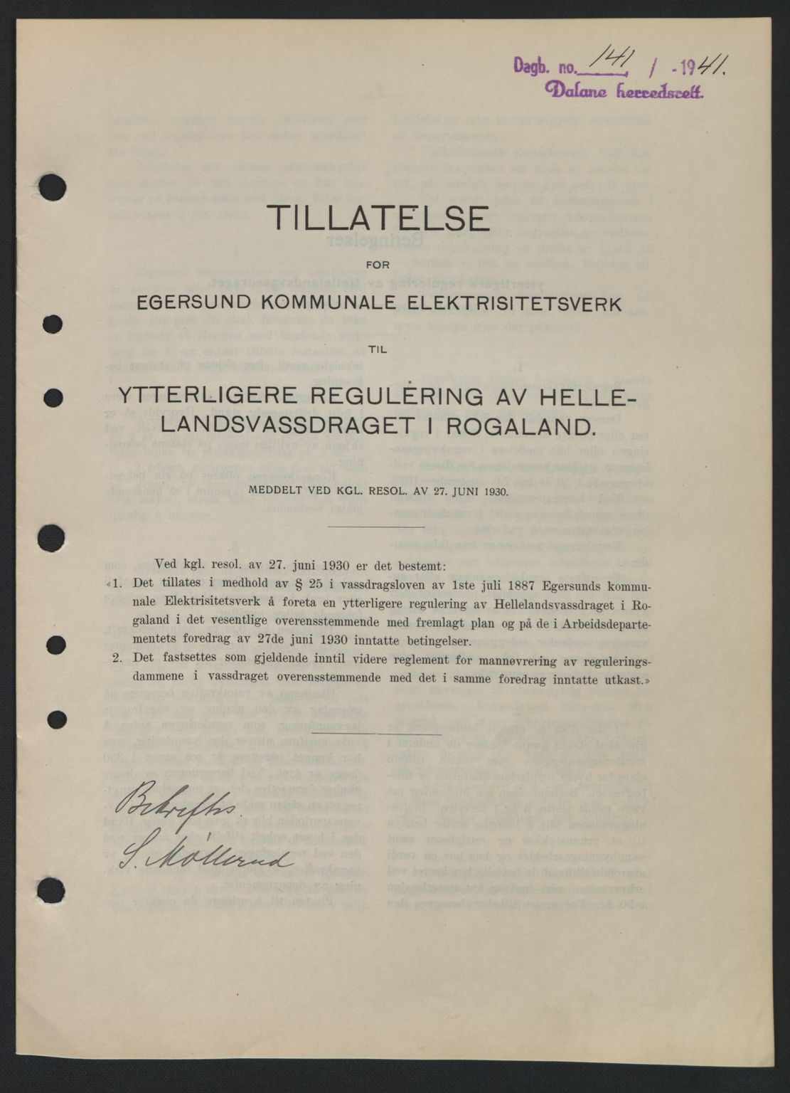 Dalane sorenskriveri, SAST/A-100309/02/G/Gb/L0044: Pantebok nr. A5, 1940-1941, Dagboknr: 141/1941