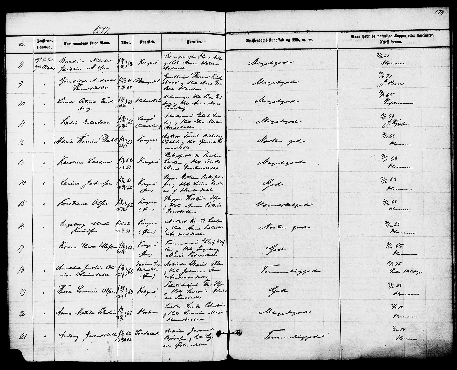 Kragerø kirkebøker, AV/SAKO-A-278/F/Fa/L0008: Ministerialbok nr. 8, 1856-1880, s. 174