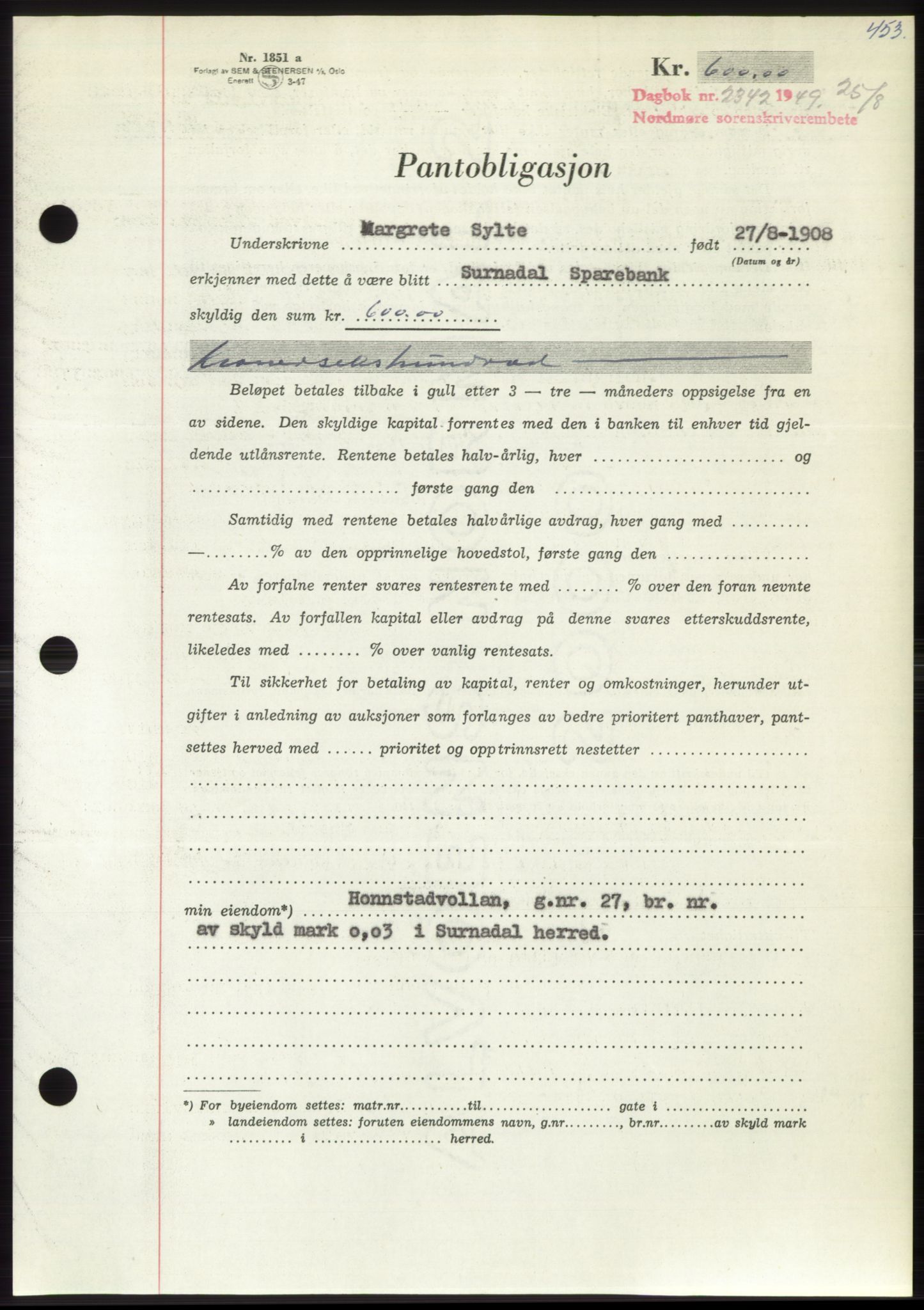 Nordmøre sorenskriveri, SAT/A-4132/1/2/2Ca: Pantebok nr. B102, 1949-1949, Dagboknr: 2342/1949