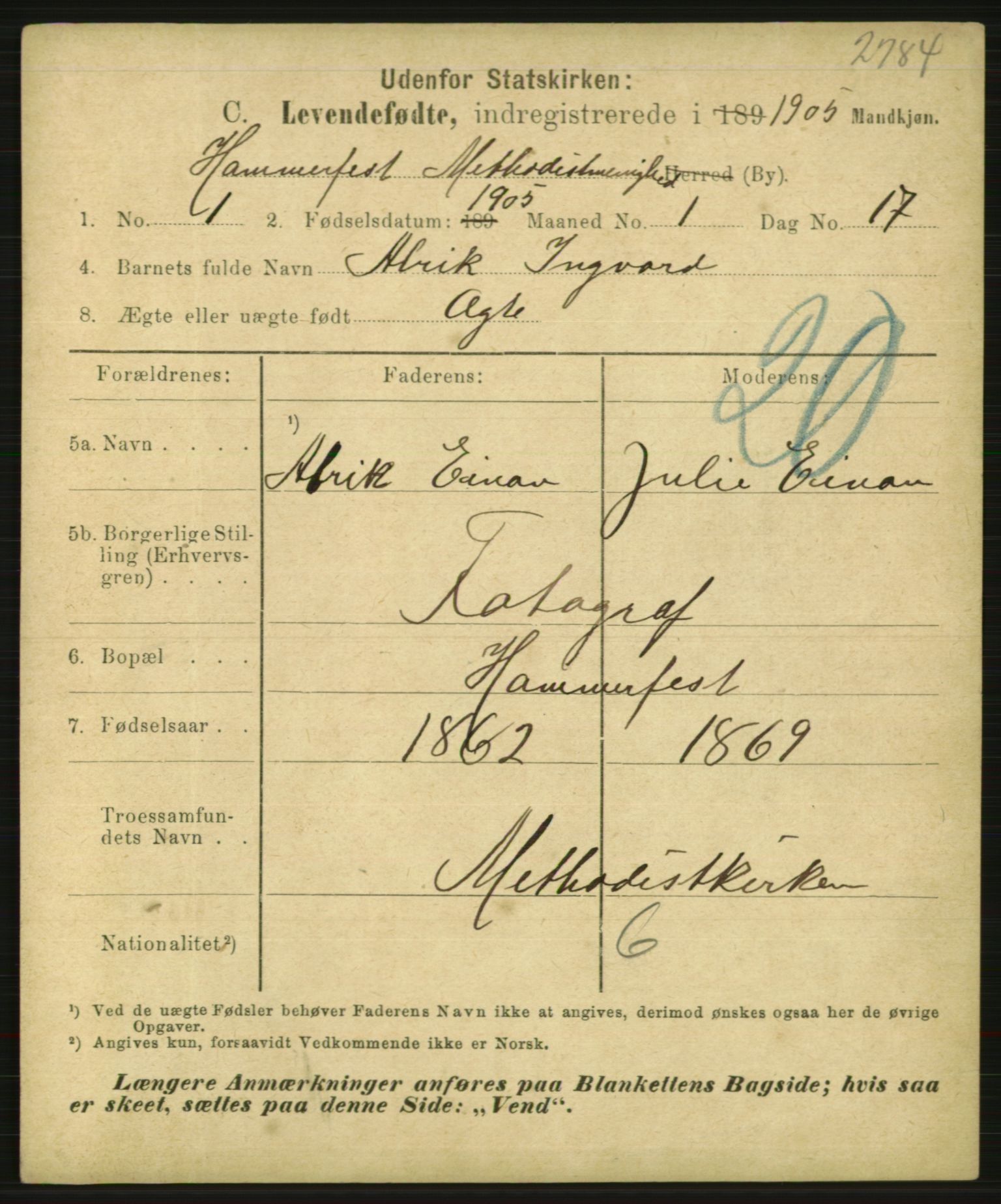 Statistisk sentralbyrå, Sosiodemografiske emner, Befolkning, AV/RA-S-2228/E/L0003: Fødte, gifte, døde dissentere., 1905, s. 1667