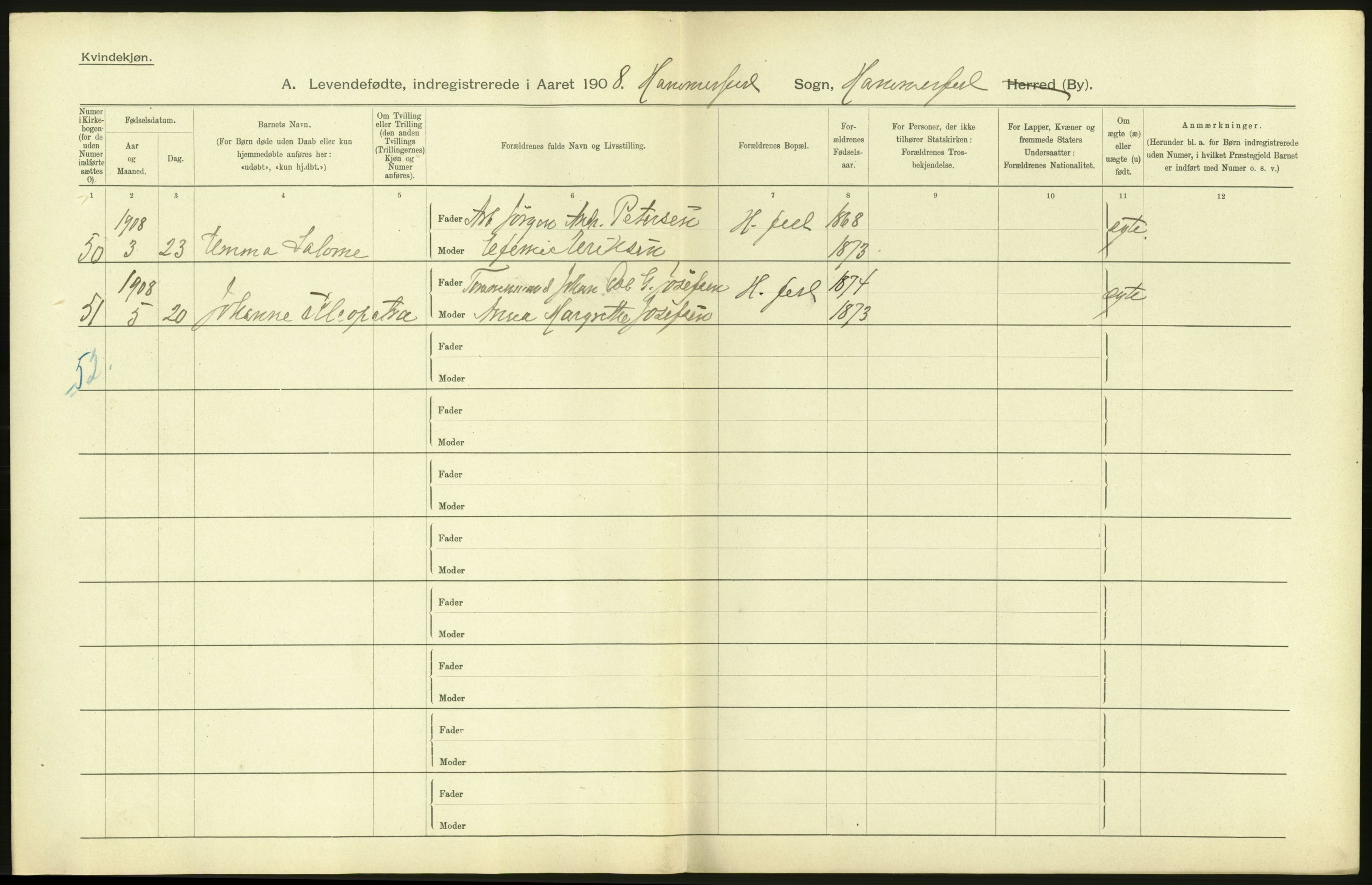 Statistisk sentralbyrå, Sosiodemografiske emner, Befolkning, AV/RA-S-2228/D/Df/Dfa/Dfaf/L0048: Finnmarkens amt: Levendefødte menn og kvinner, gifte, døde, dødfødte. Bygder og byer., 1908, s. 260